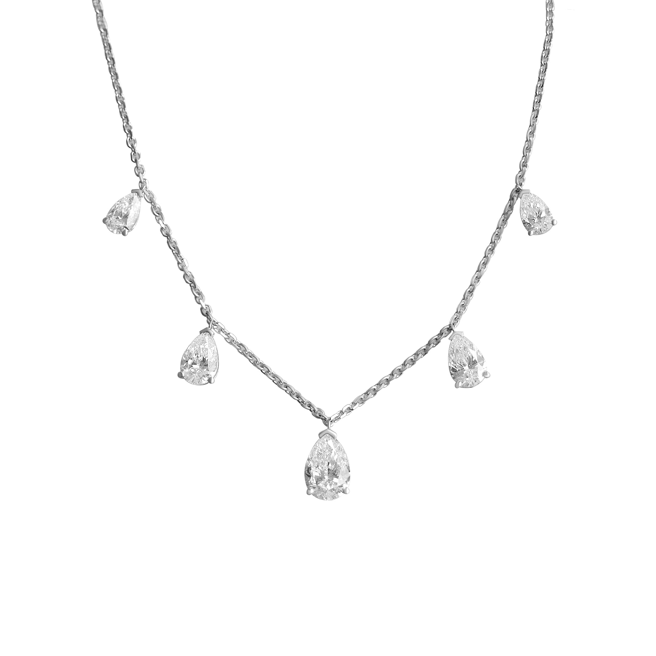 Five Pear Diamond Drops Charm Strand Necklace 2.50 Crat - White Gold