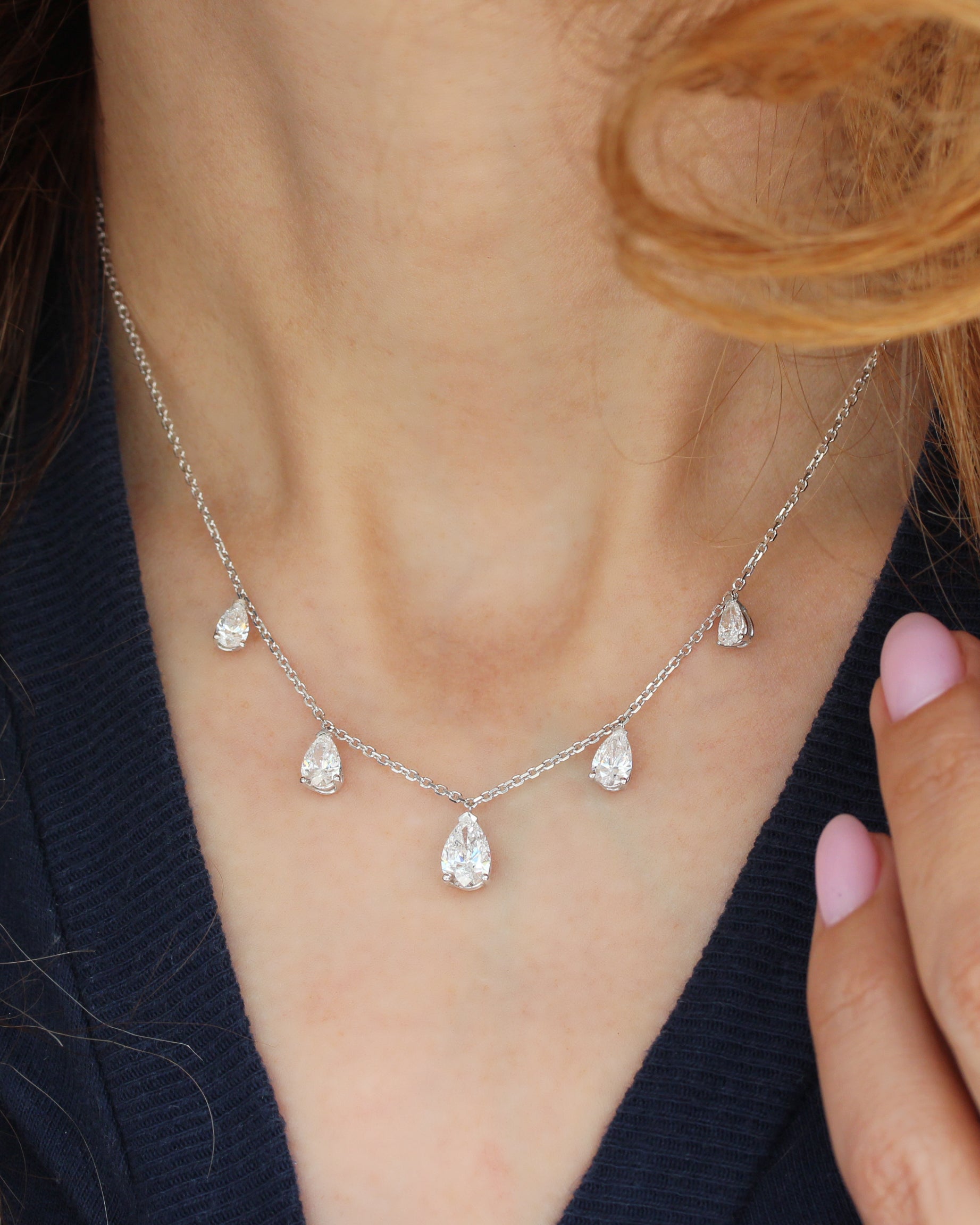 Five Pear Diamond Drops Charm Strand Necklace 2.50 Crat - White Gold