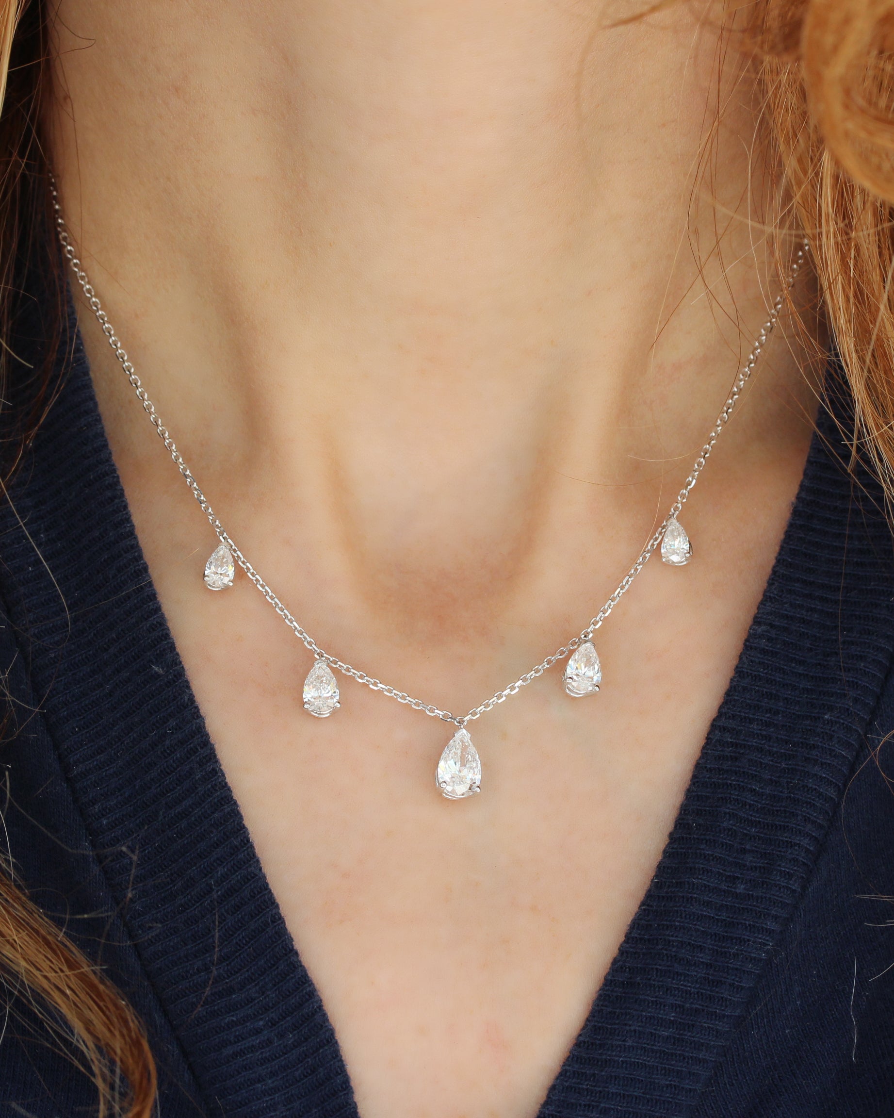 Five Pear Diamond Drops Charm Strand Necklace 2.50 Crat - White Gold