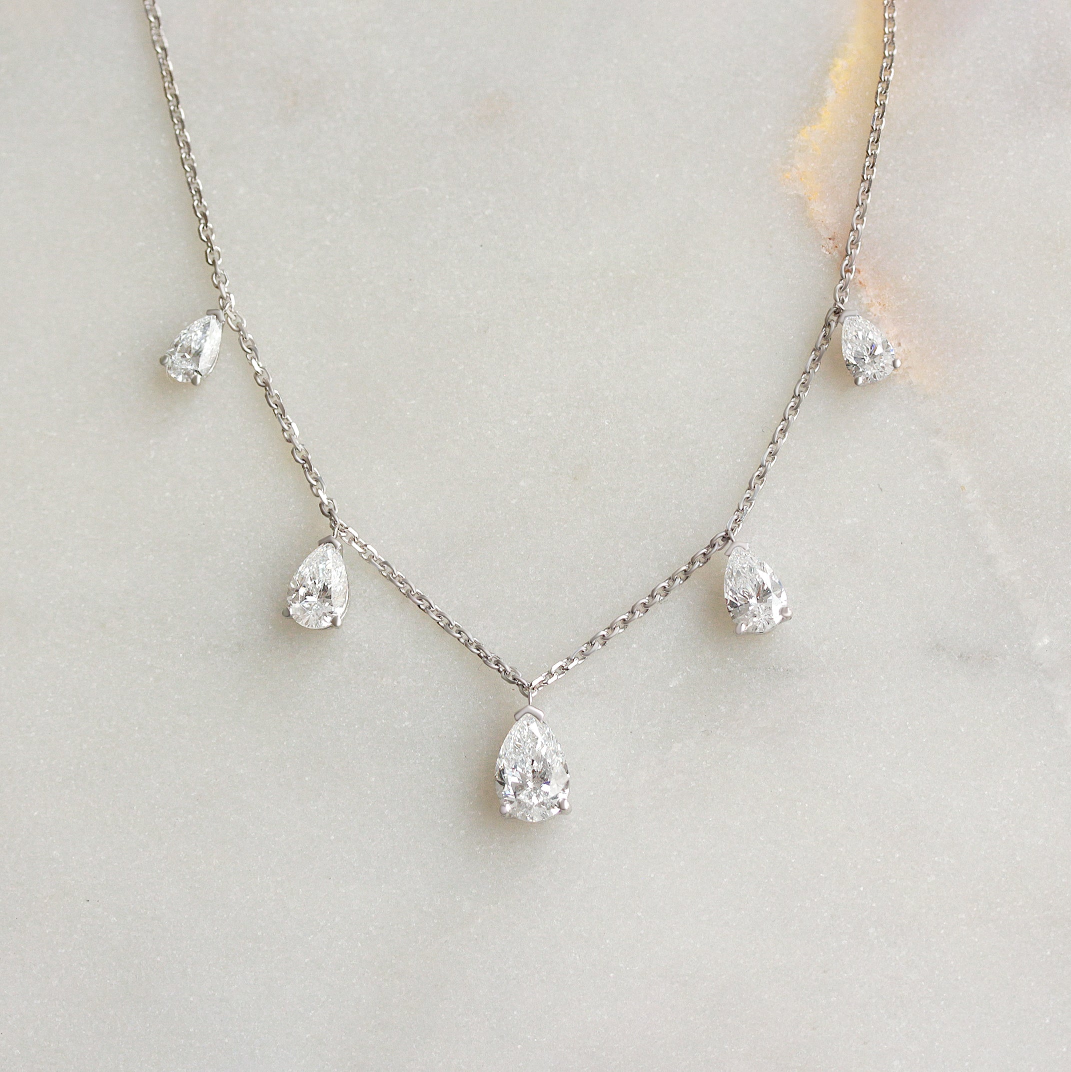 Five Pear Diamond Drops Charm Strand Necklace 2.50 Crat - White Gold