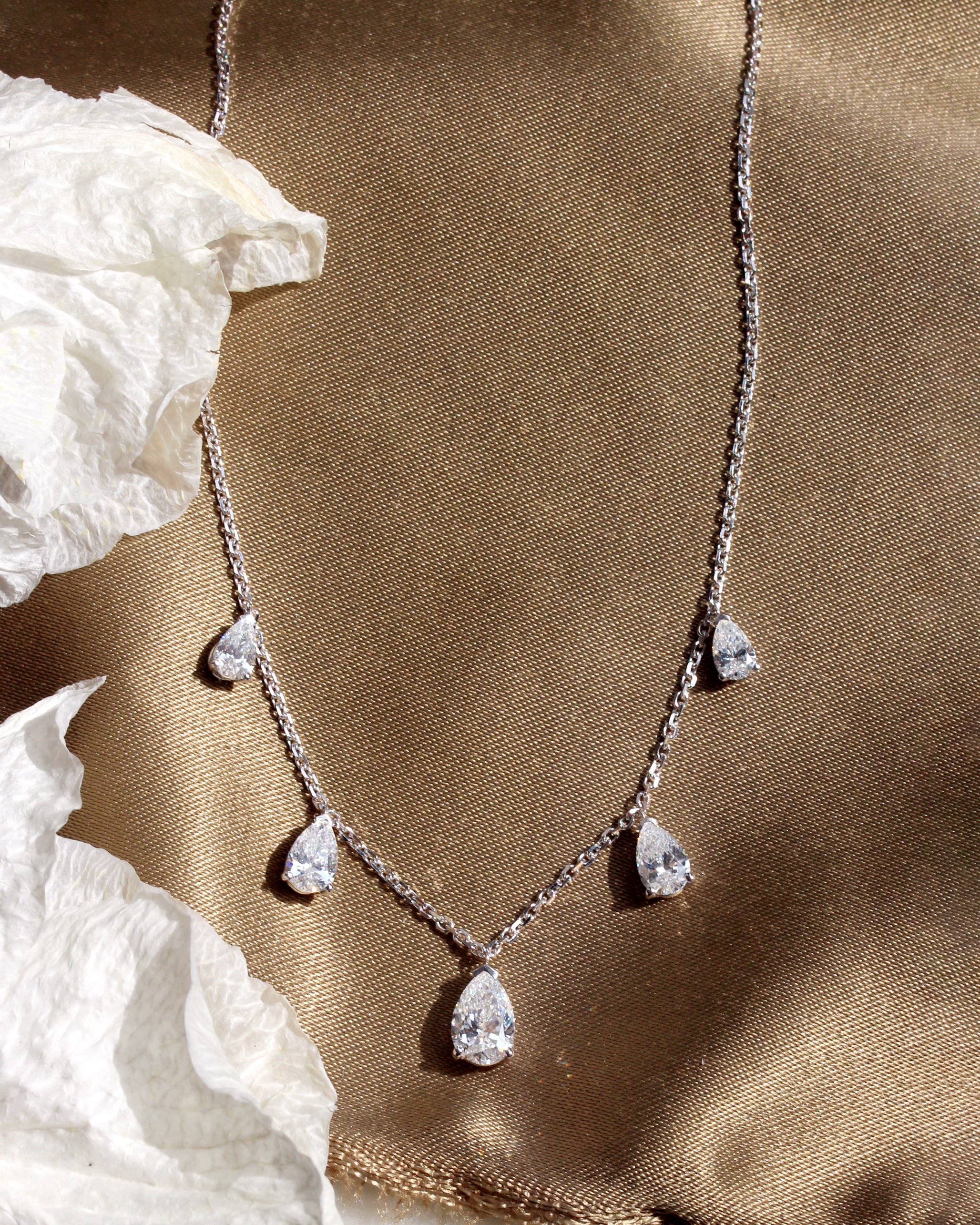 Five Pear Diamond Drops Charm Strand Necklace 2.50 Crat - White Gold