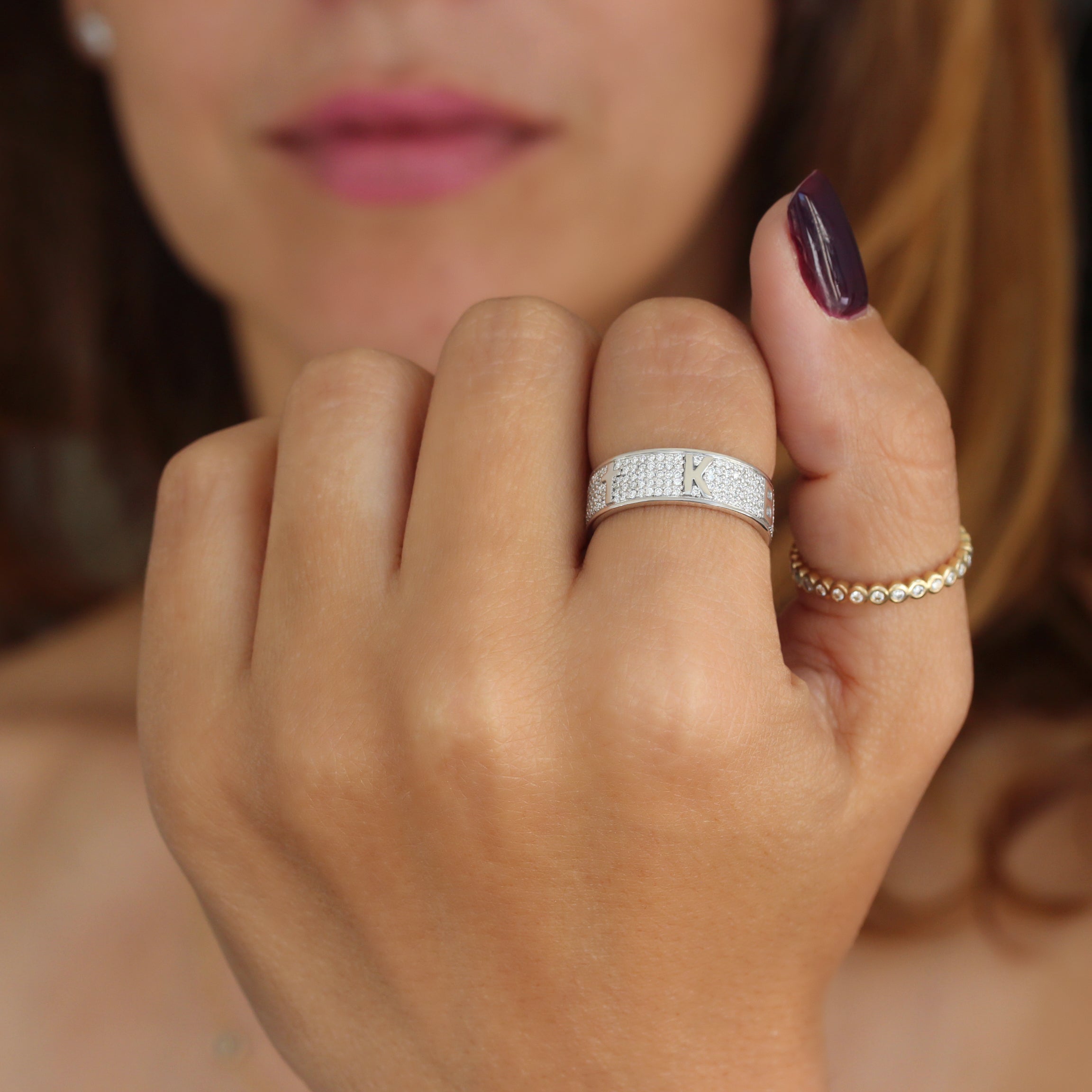 Fully Personalized Five Initials Unisex Men Wedding Diamond Ring - 7mm Wide