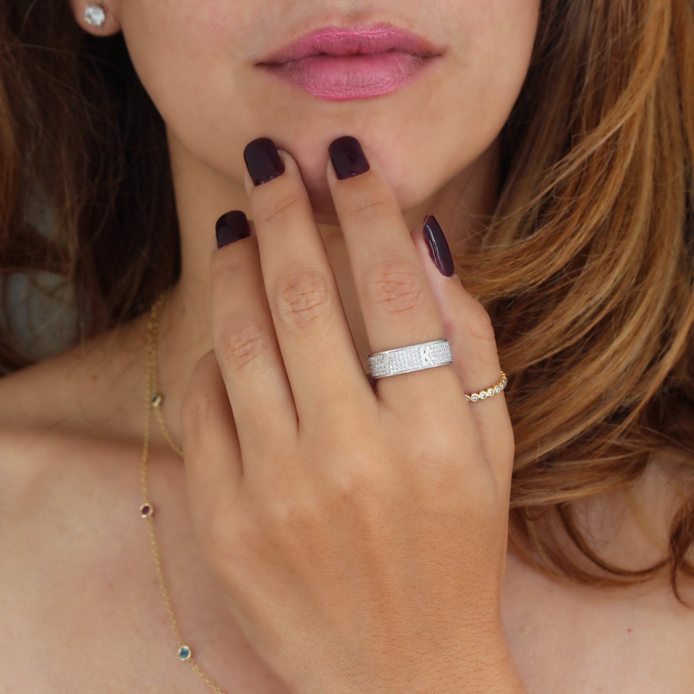 Fully Personalized Five Initials Unisex Men Wedding Diamond Ring - 7mm Wide