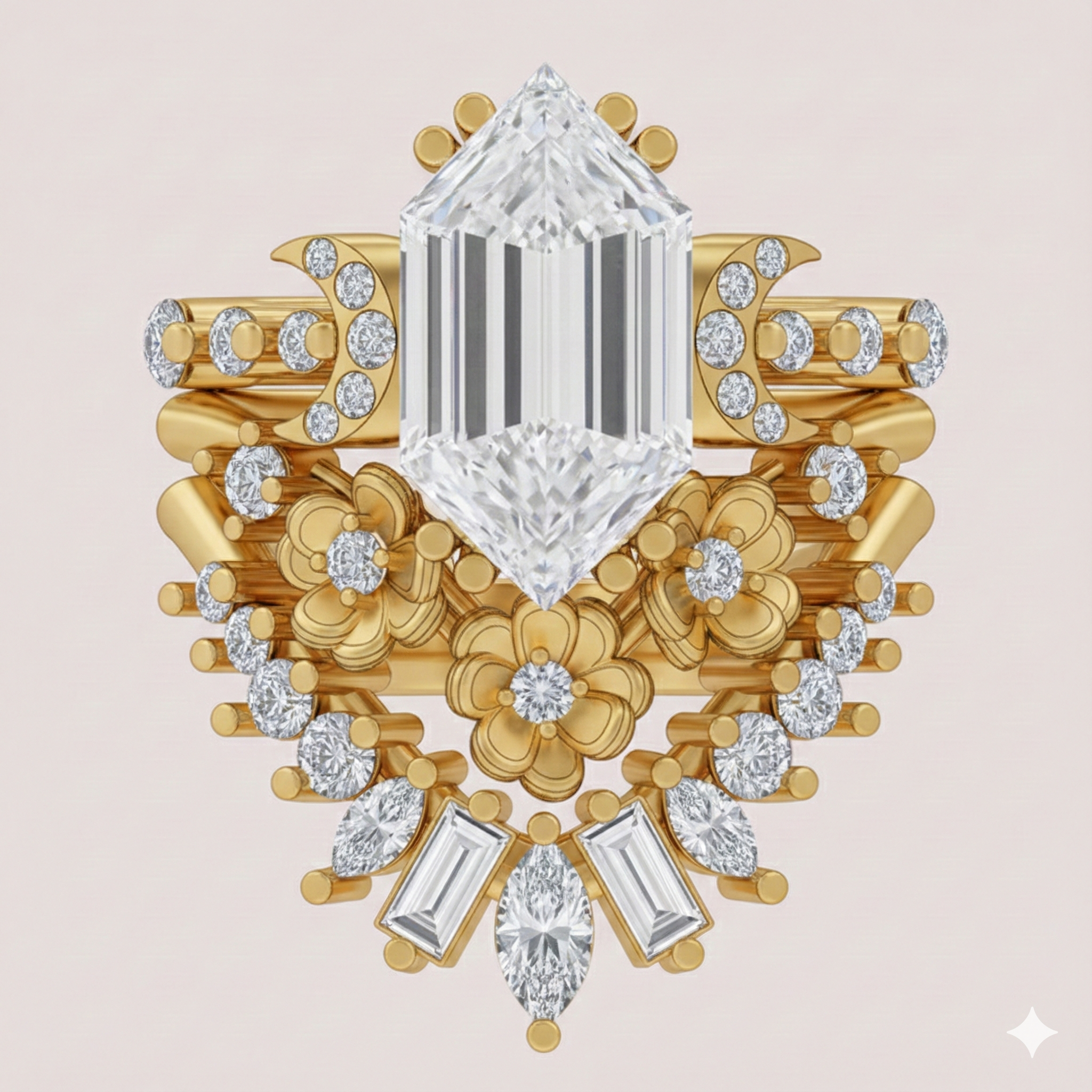 3 Carat Elongated Hexagon Lab Diamond Celestial Moon, Flowers, Three Ring Set