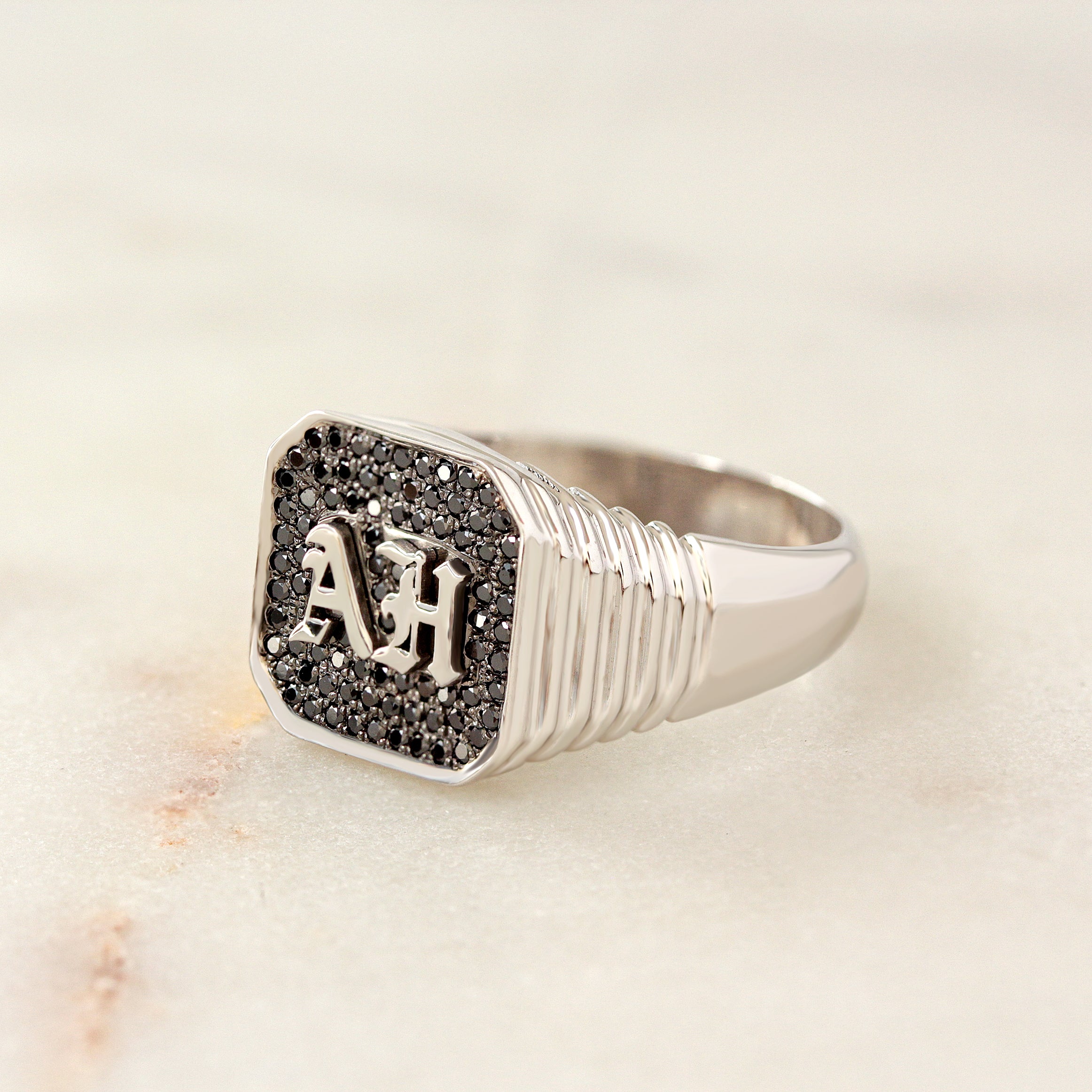 Men's Gothic Initials Signet Ring with Black Diamonds – Unisex College Ring
