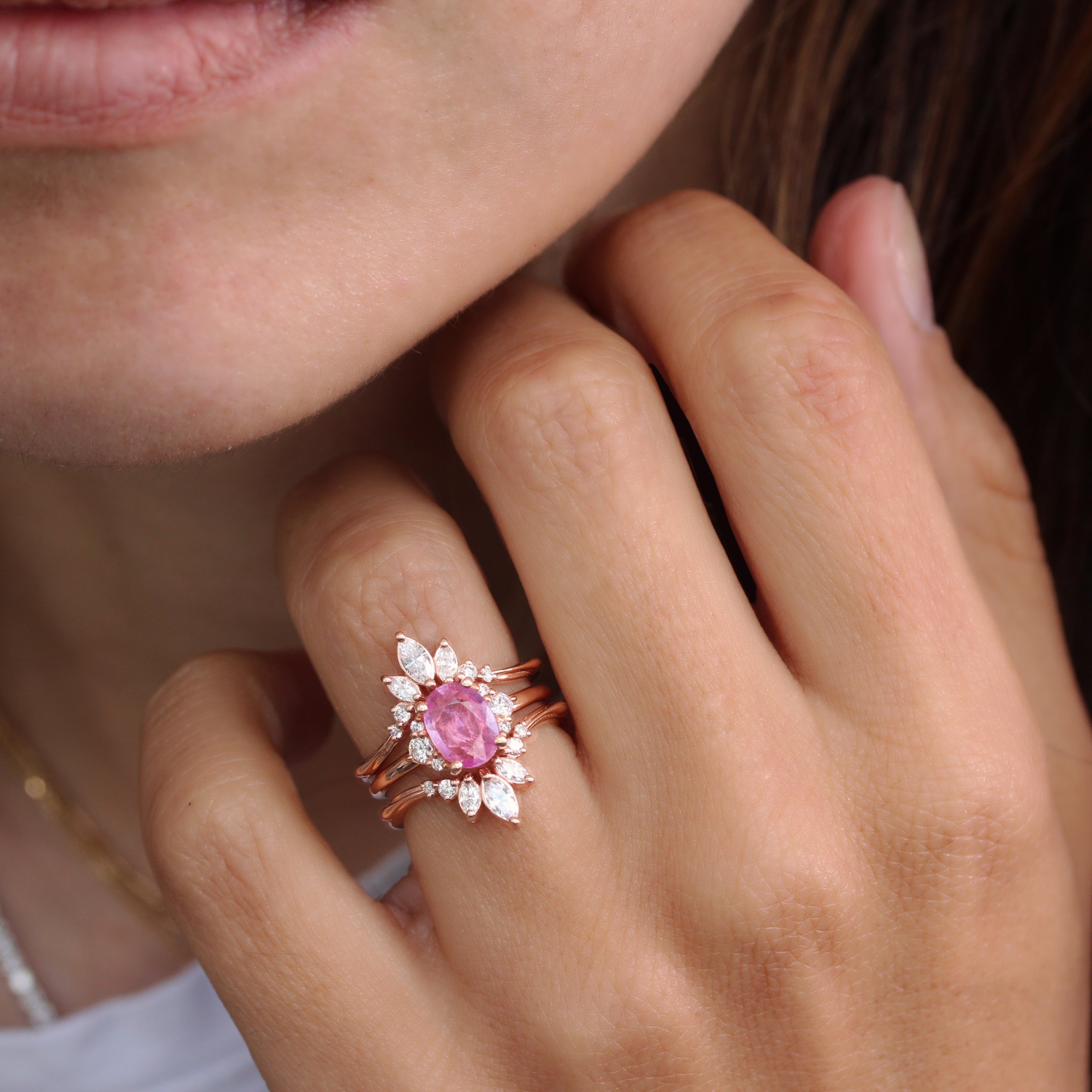 Oval Pink Sapphire Engagement Ring With Diamond Ring Guard Enhancer Bridal Ring Set - Isabella & Danielle