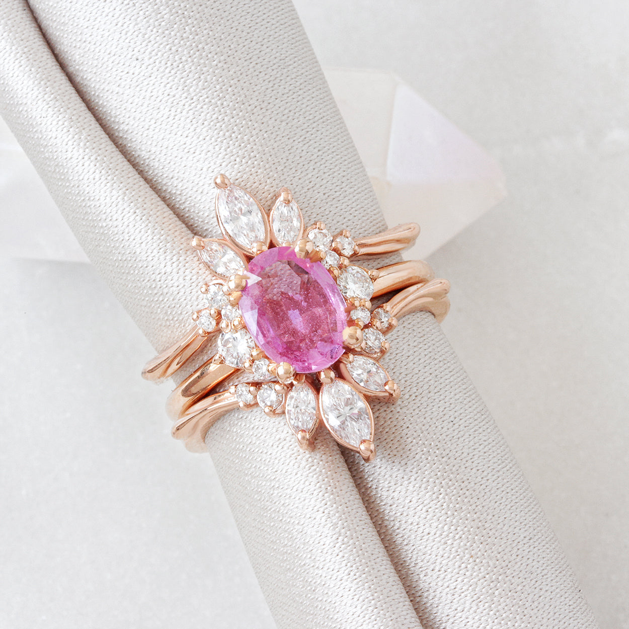 Oval Pink Sapphire Engagement Ring With Diamond Ring Guard Enhancer Bridal Ring Set - Isabella & Danielle