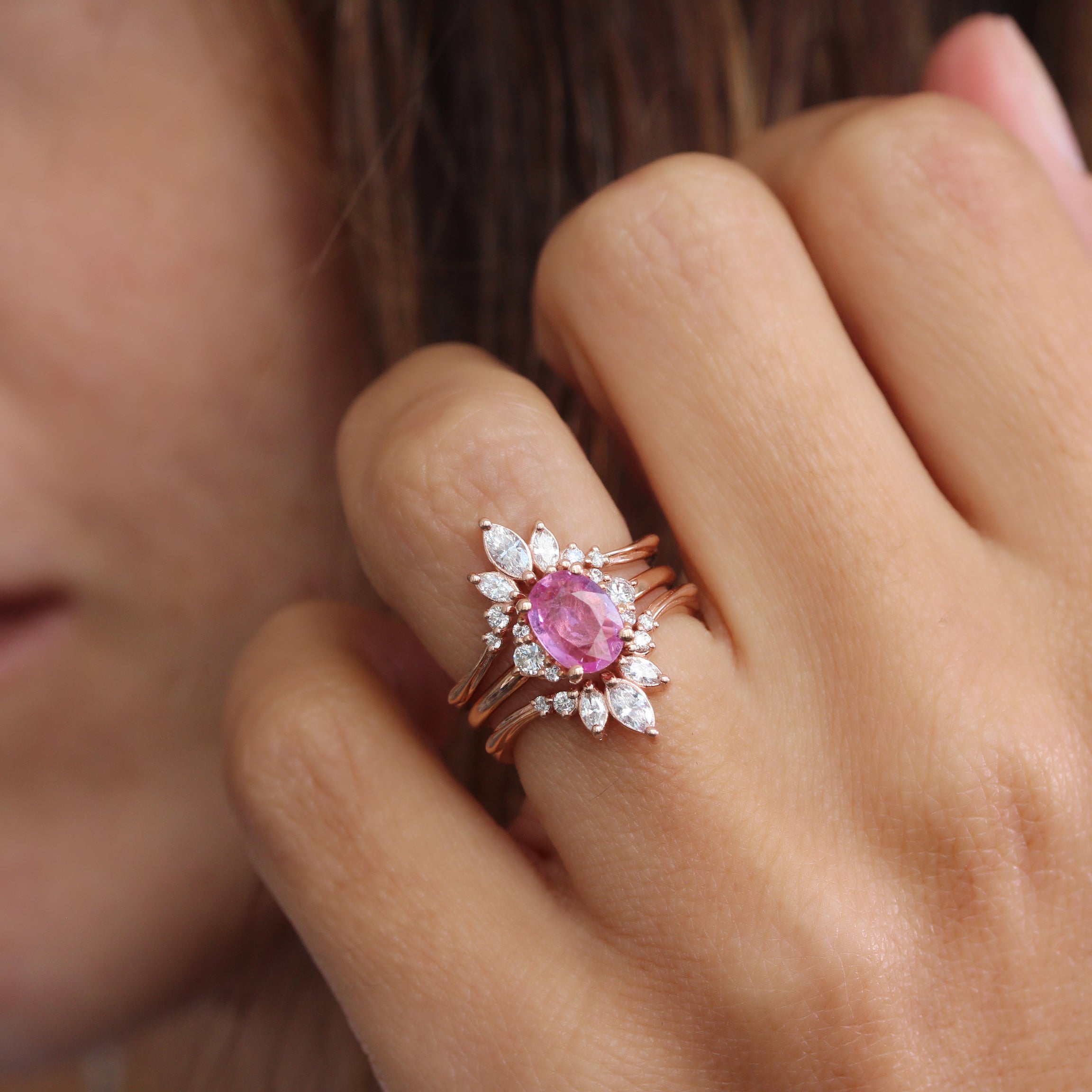 Oval Pink Sapphire Engagement Ring With Diamond Ring Guard Enhancer Bridal Ring Set - Isabella & Danielle