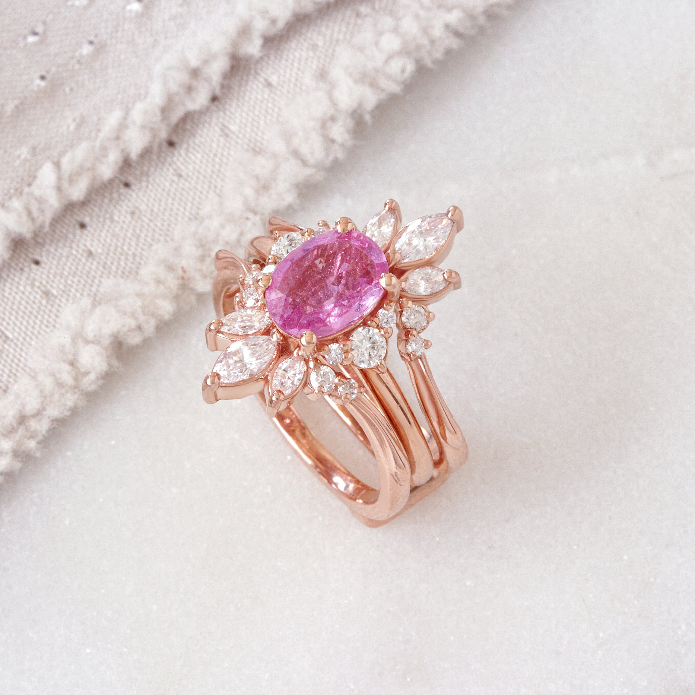 Oval Pink Sapphire Engagement Ring With Diamond Ring Guard Enhancer Bridal Ring Set - Isabella & Danielle