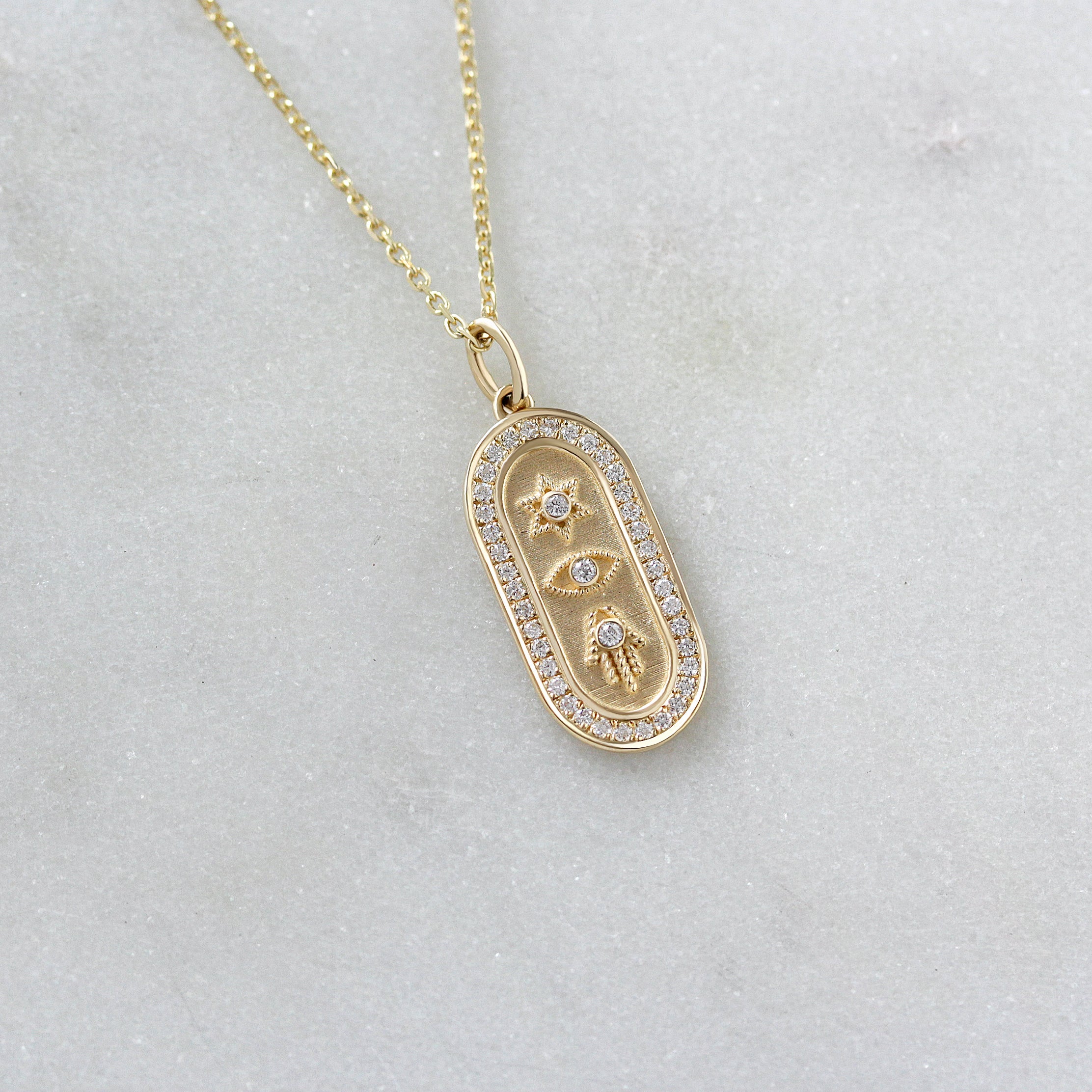 Magen David, Evil Eye, and Hamsa Gold and Diamond Pendant Necklace - Judaica Symbols