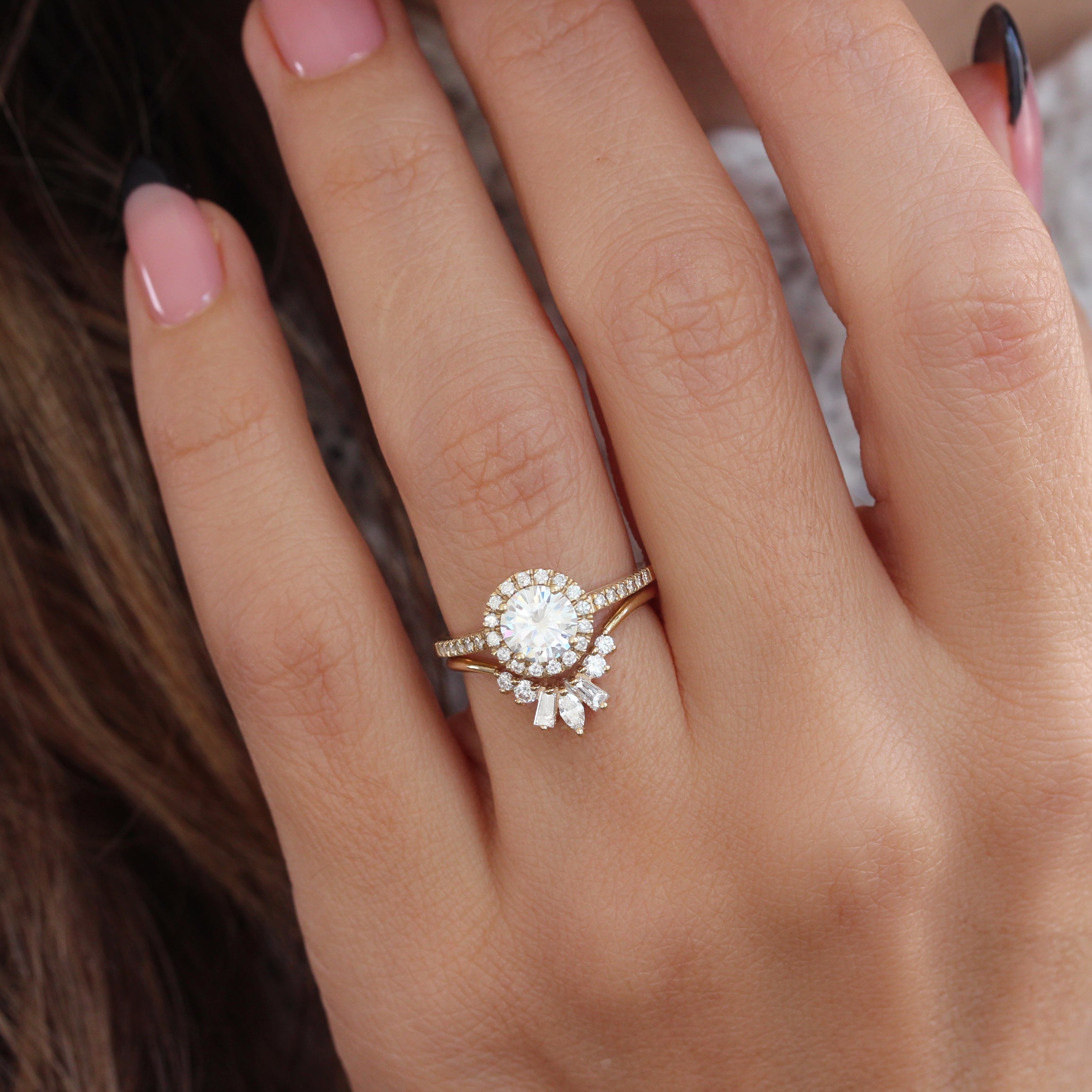 Round Diamond Halo Engagement Ring With Nesting Sideband, Bridal Two Ring Set - Lady & Billy