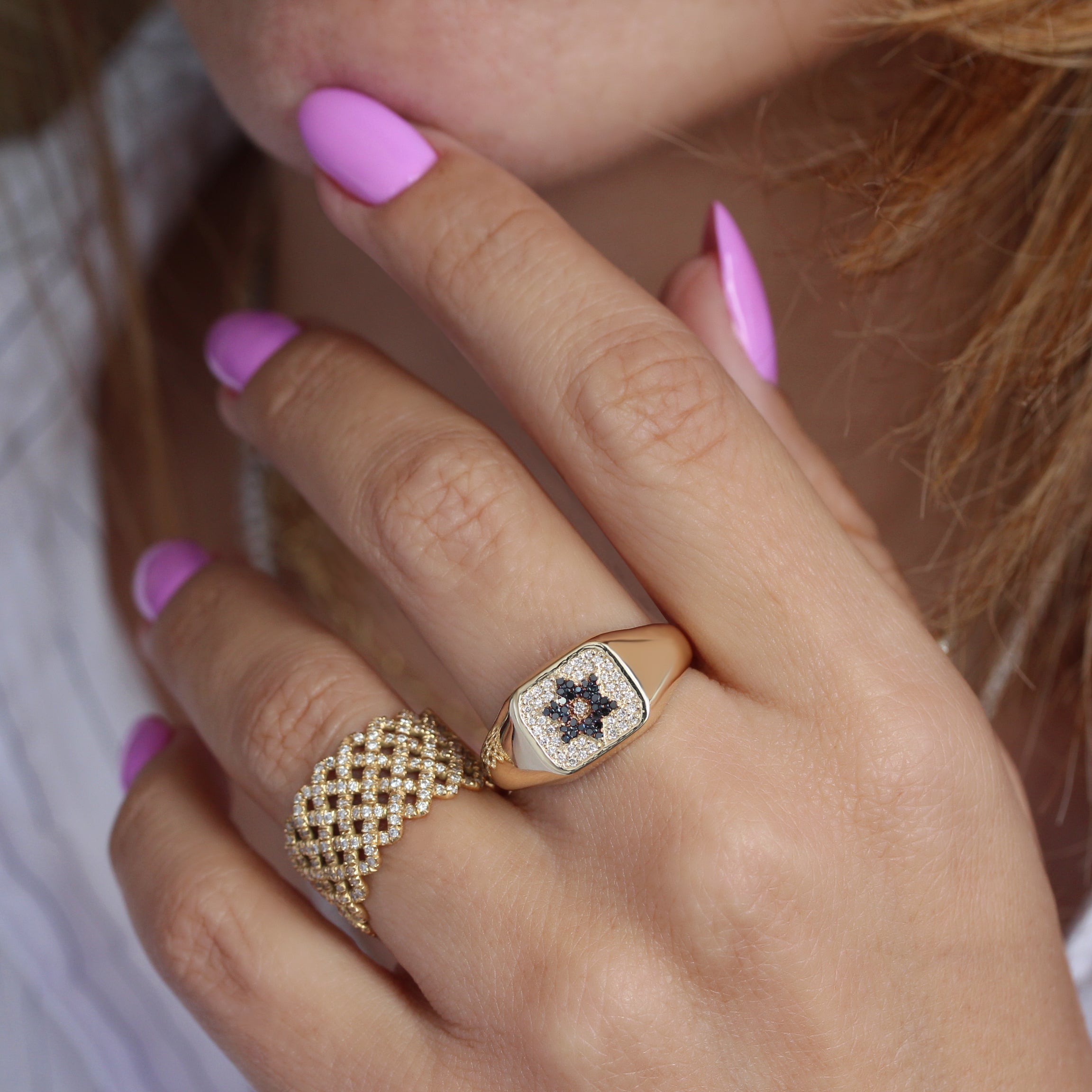 Magen David White and Black Diamonds Unisex Signet Ring - Unisex College Ring