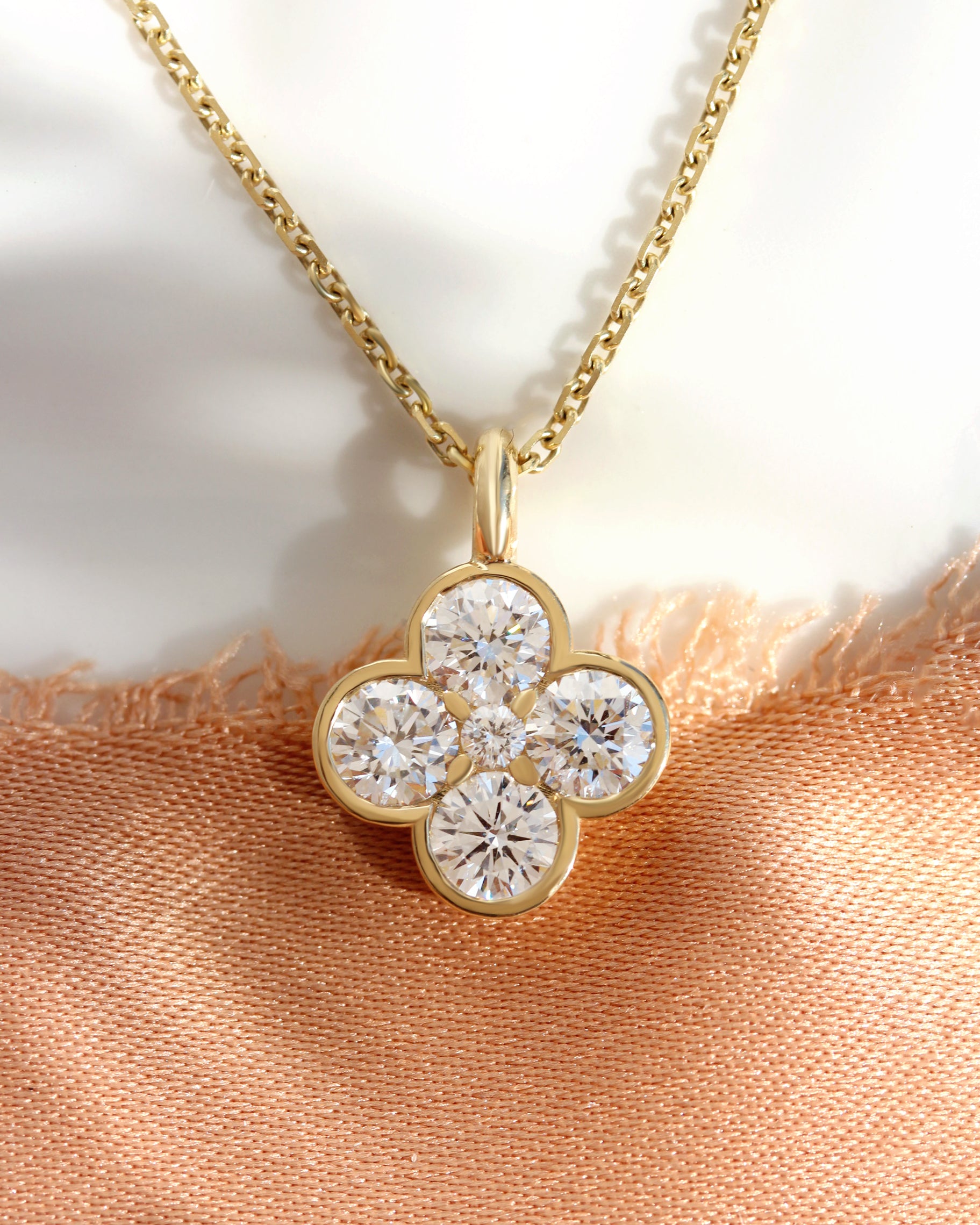 Manifestation Lucky Clover Blossom Gold and Diamond Pendant, Golda, good luck charm, half bezel, invisable setting, talisman amulet, diamond charm pendant, manifestation, spiritual diamond jewelry, real gold manifestation necklace, graduation gift.