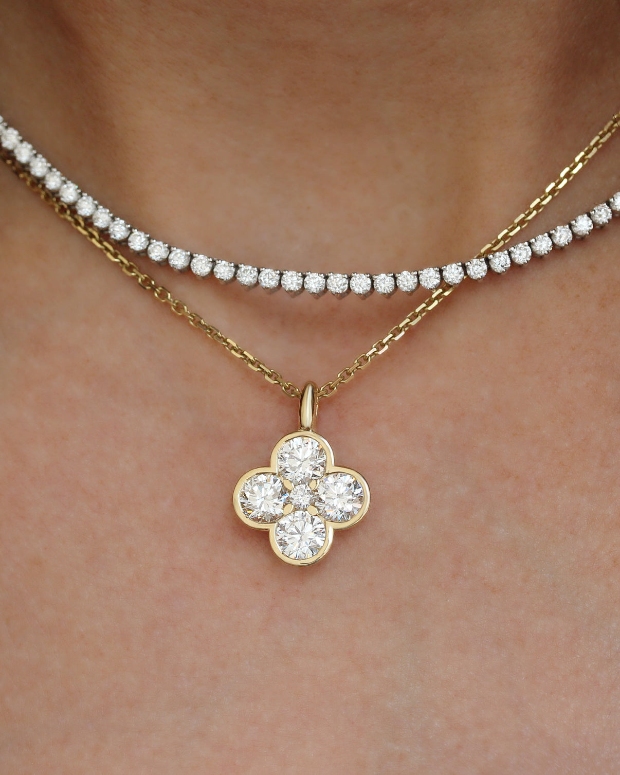 Manifestation Lucky Clover Blossom Gold and Diamond Pendant, Golda, good luck charm, half bezel, invisable setting, talisman amulet, diamond charm pendant, manifestation, spiritual diamond jewelry, real gold manifestation necklace, graduation gift.