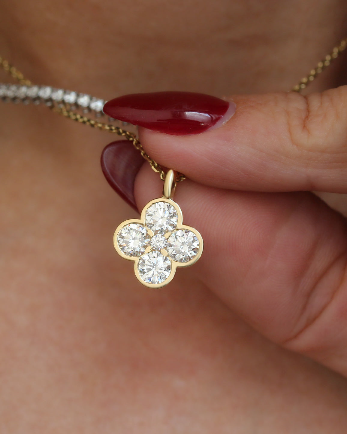 Manifestation Lucky Clover Blossom Gold and Diamond Pendant, Golda, good luck charm, half bezel, invisable setting, talisman amulet, diamond charm pendant, manifestation, spiritual diamond jewelry, real gold manifestation necklace, graduation gift.