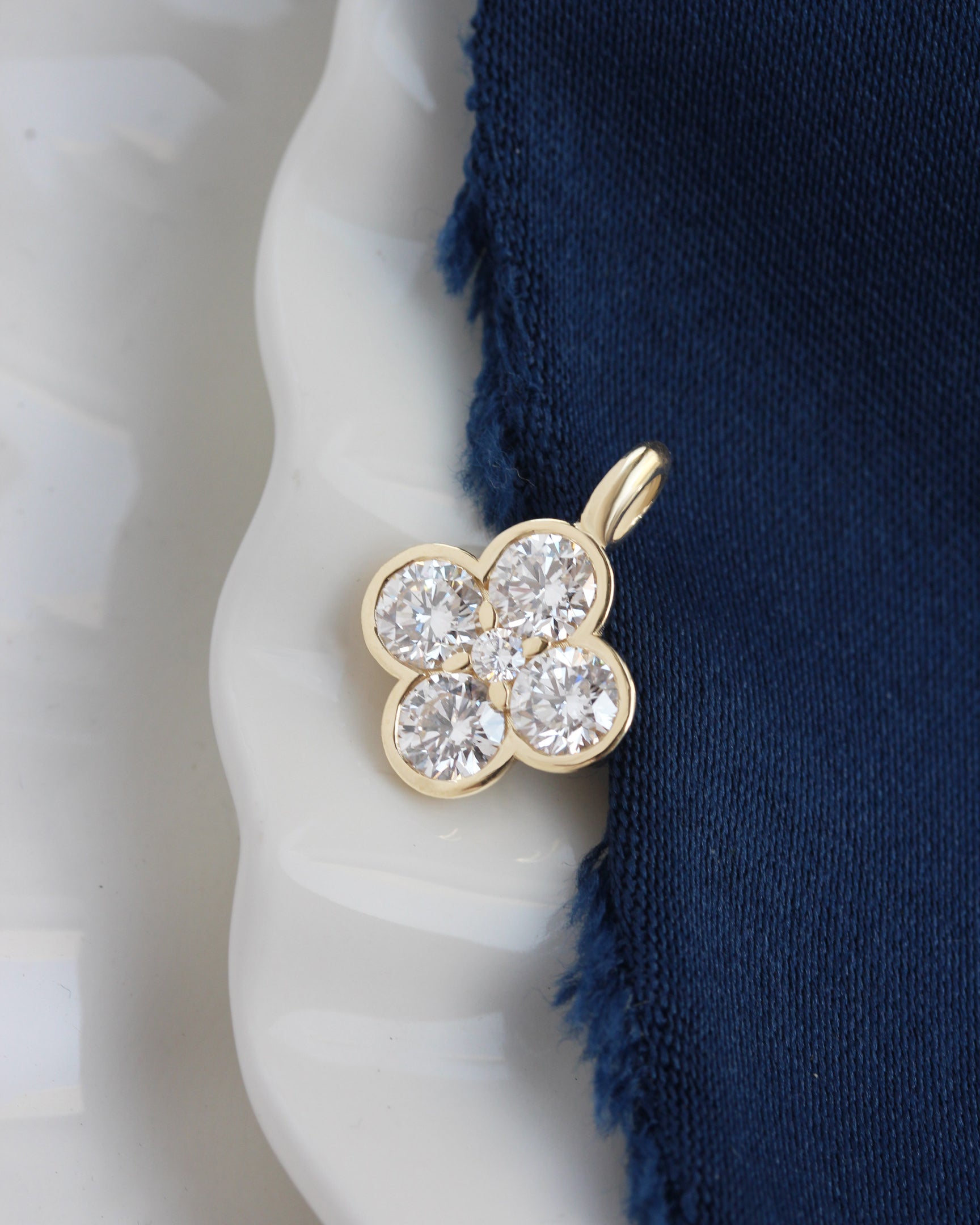 Manifestation Lucky Clover Blossom Gold and Diamond Pendant, Golda, good luck charm, half bezel, invisable setting, talisman amulet, diamond charm pendant, manifestation, spiritual diamond jewelry, real gold manifestation necklace, graduation gift.