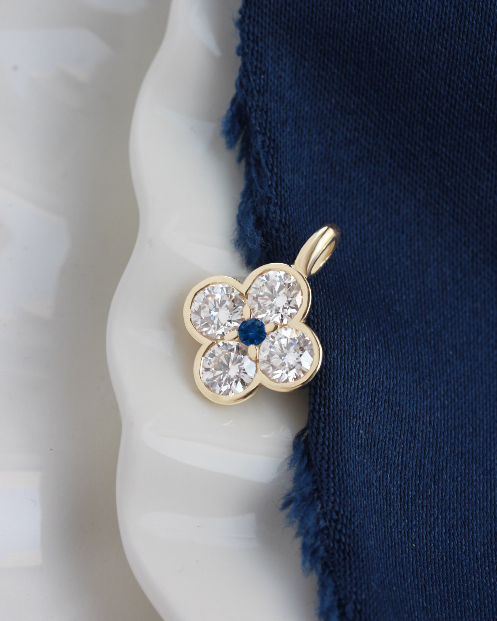 Manifestation Lucky Clover Blossom Gold and Diamond Pendant, Golda, good luck charm, half bezel, invisable setting, talisman amulet, diamond charm pendant, manifestation, spiritual diamond jewelry, real gold manifestation necklace, graduation gift.