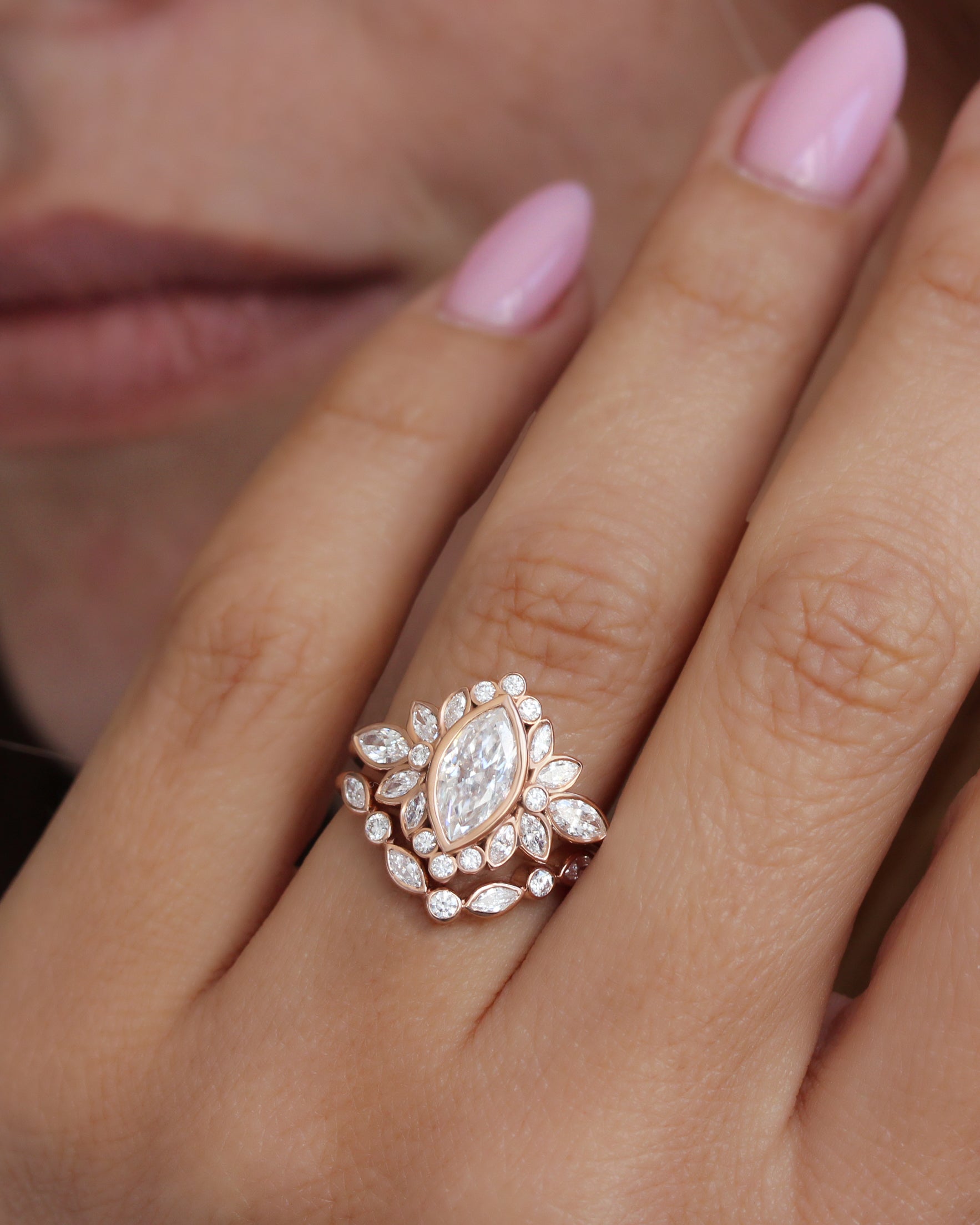 Maquise Bezel Set Comfortable Engagement Ring with One Macthing Lily Emma Nesting Ring - Two Ring Set
