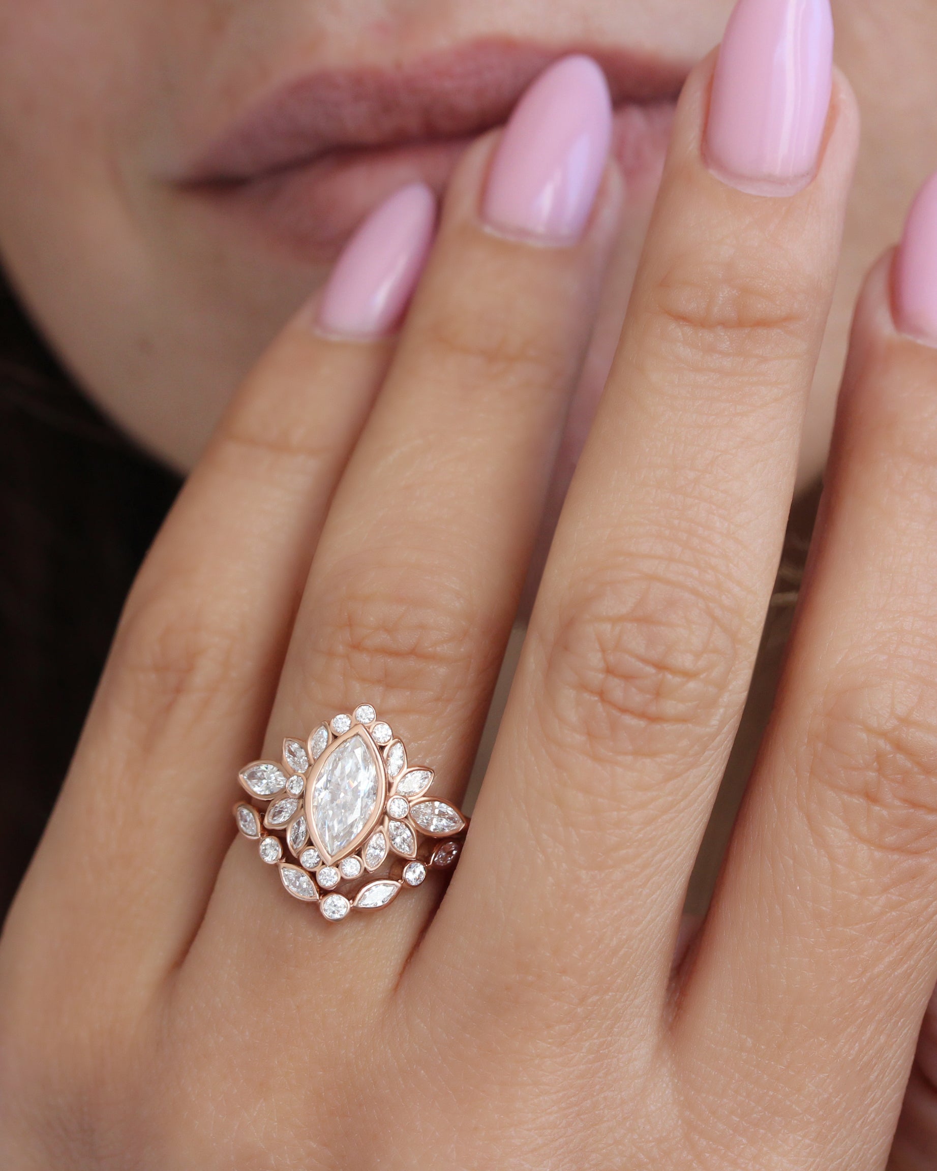 Maquise Bezel Set Comfortable Engagement Ring with One Macthing Lily Emma Nesting Ring - Two Ring Set