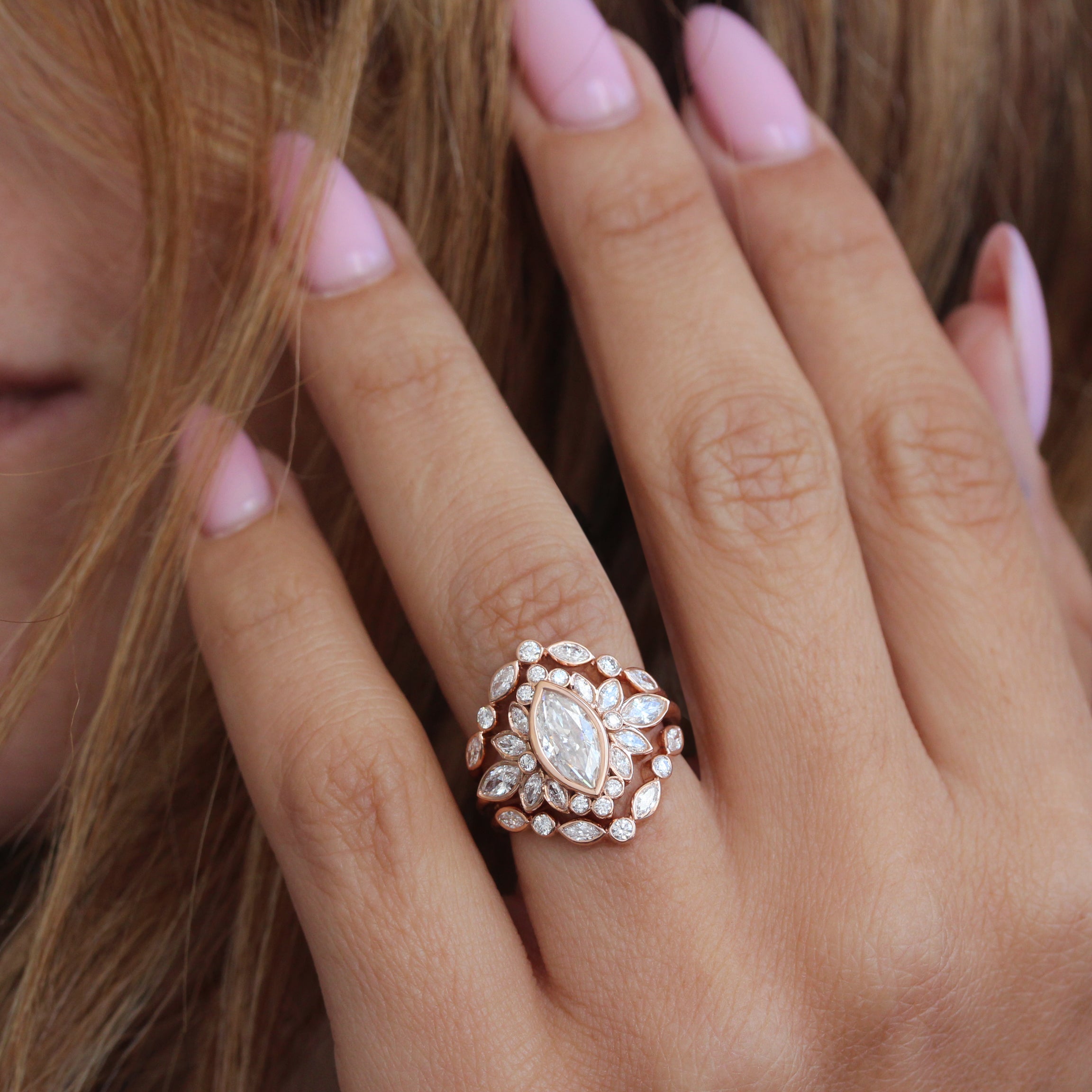 Maquise Bezel Set Comfortable Engagement Ring with One Macthing Lily Emma Nesting Ring - Two Ring Set