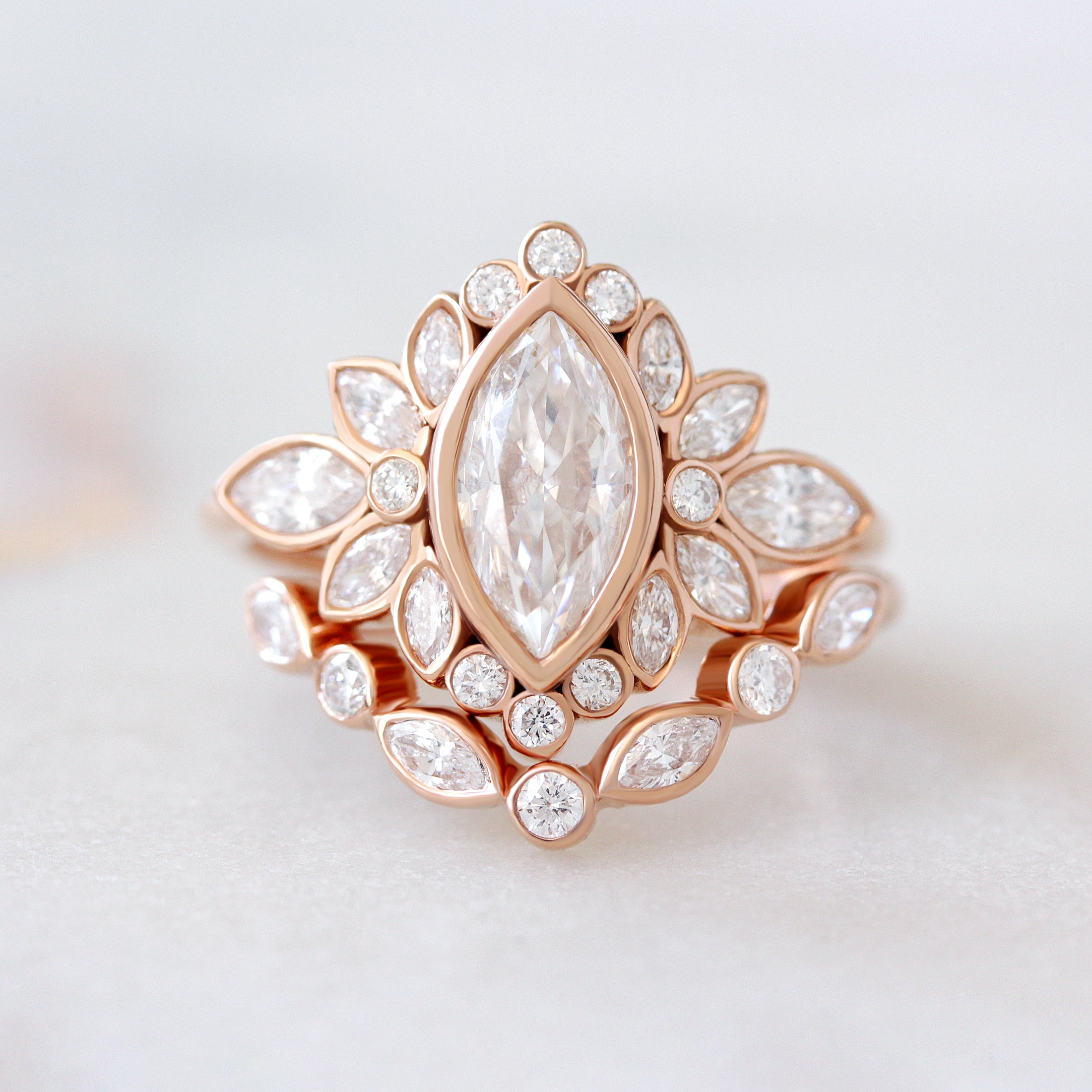 Maquise Bezel Set Comfortable Engagement Ring with One Macthing Lily Emma Nesting Ring - Two Ring Set