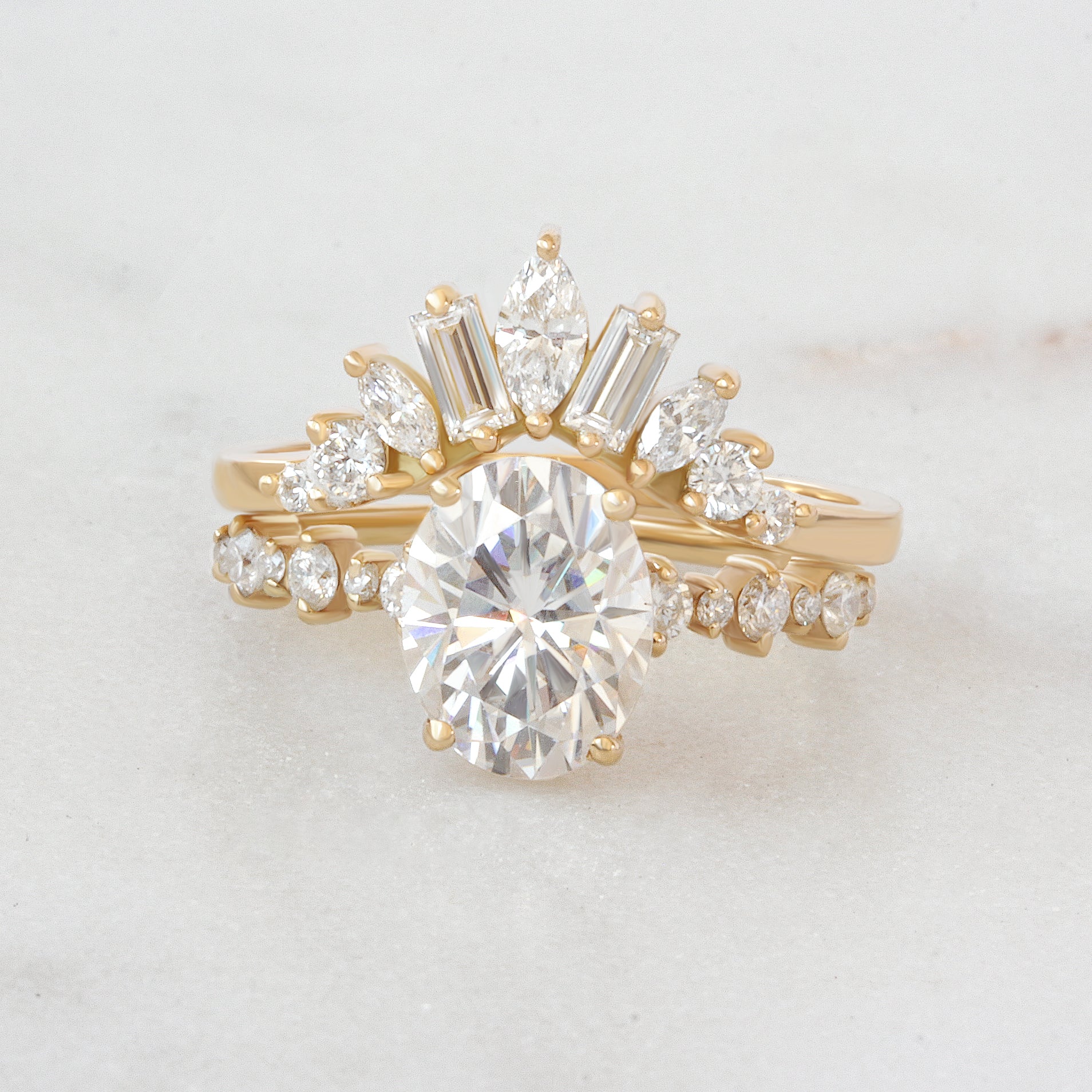 Oval Diamond Dots Band Classic Engagement Ring With Diamond Nesting Wedding Ring - Margo & Ally V