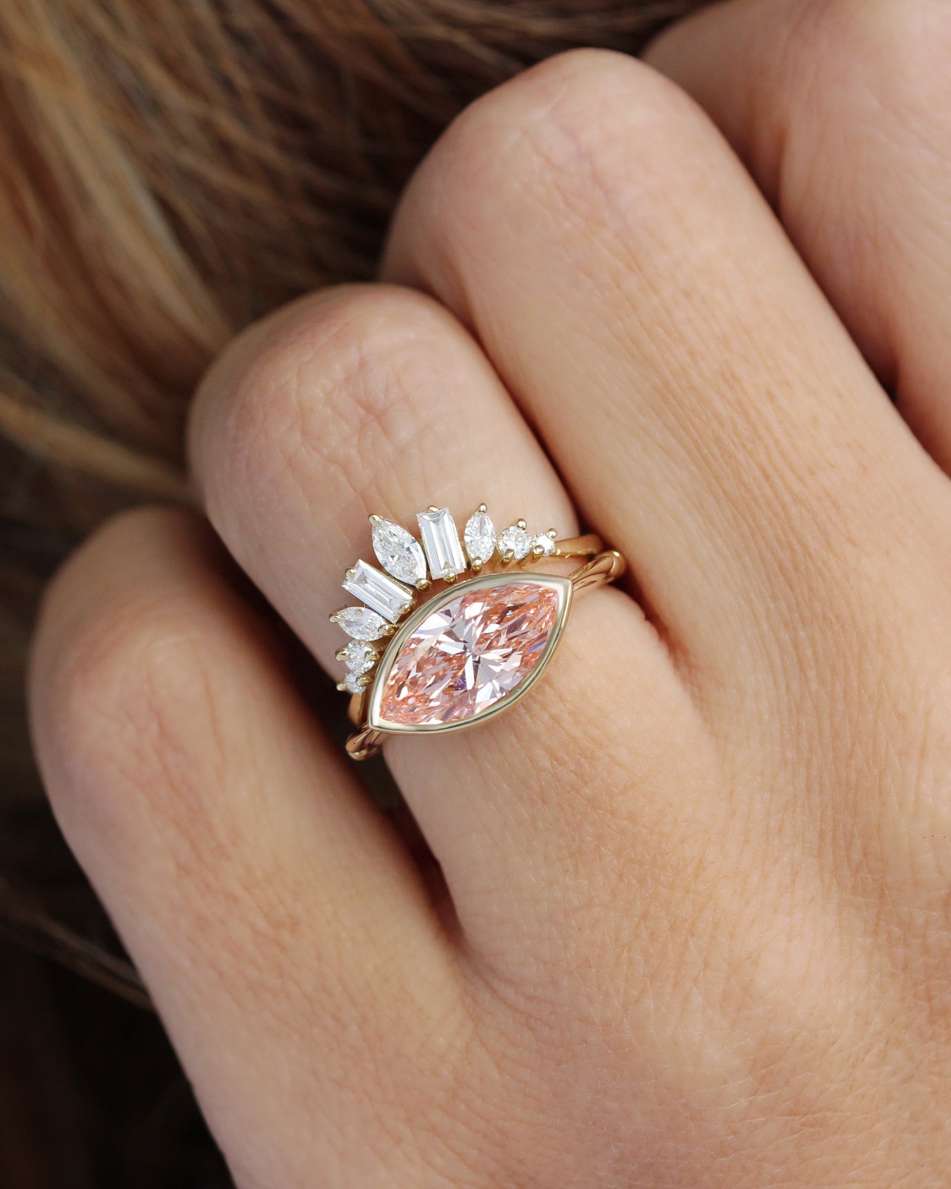 Marquise Pink Lab Diamond Bezel Set East West Solitaire Engagement Ring, 2ct marquise, pink lab diamond, east west setting, bezet seting, solitaire engagement ring, anniversary ring