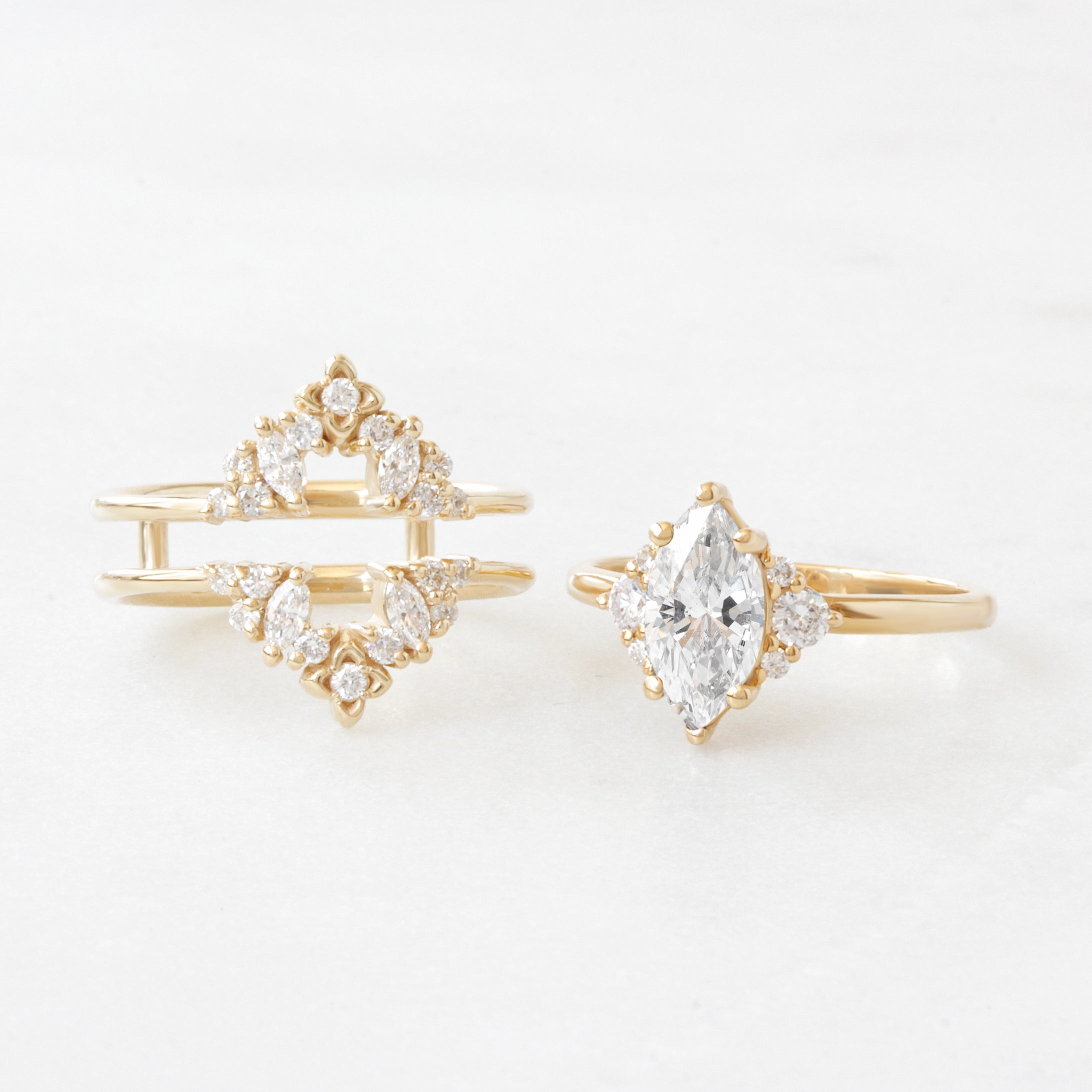 marquise diamond engagement ring and ring guard isabella and orchid yellow gold