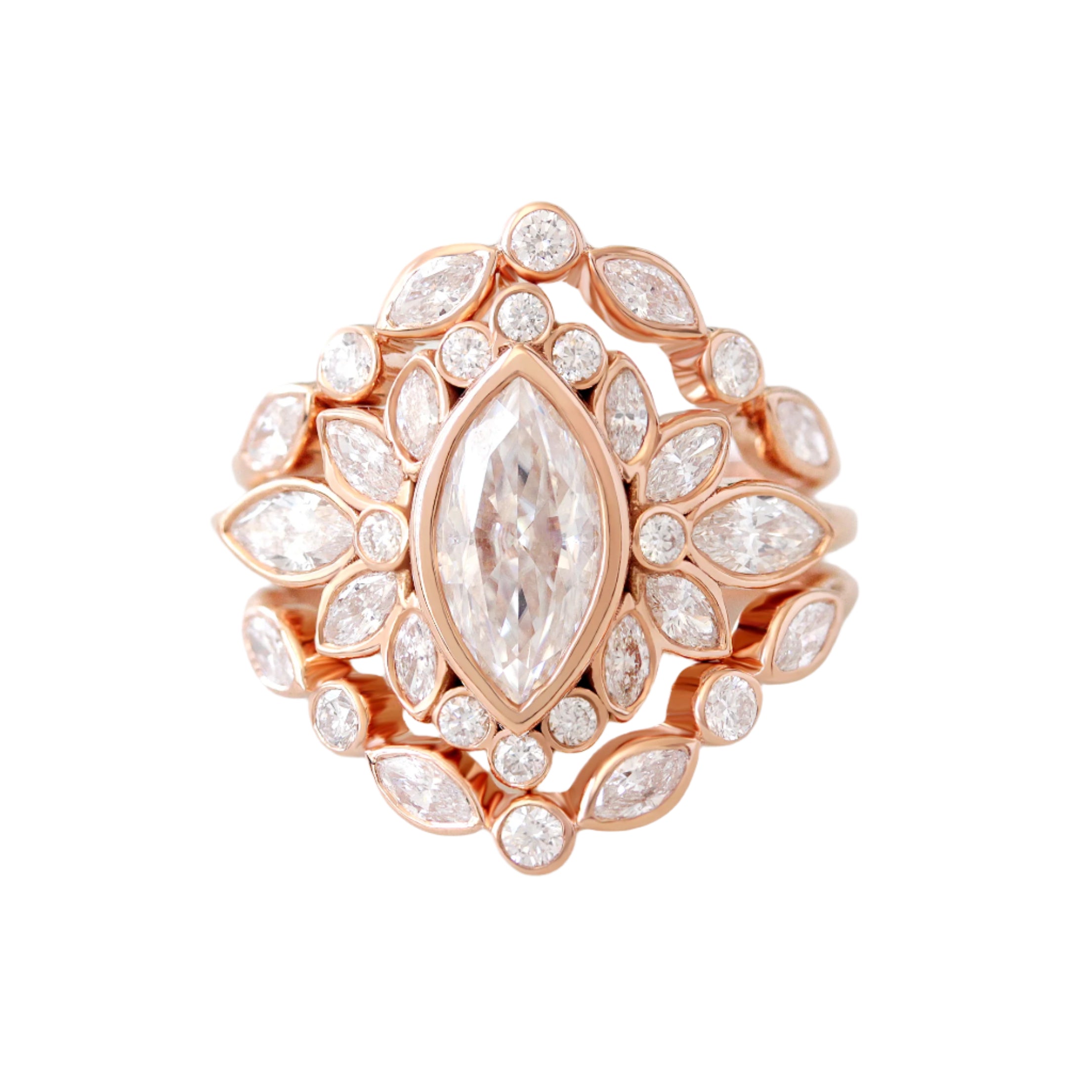 Marquise Bezel Set Engagement Ring Alicent with Matching Two Lily Emma Nesting Ring Rose Gold