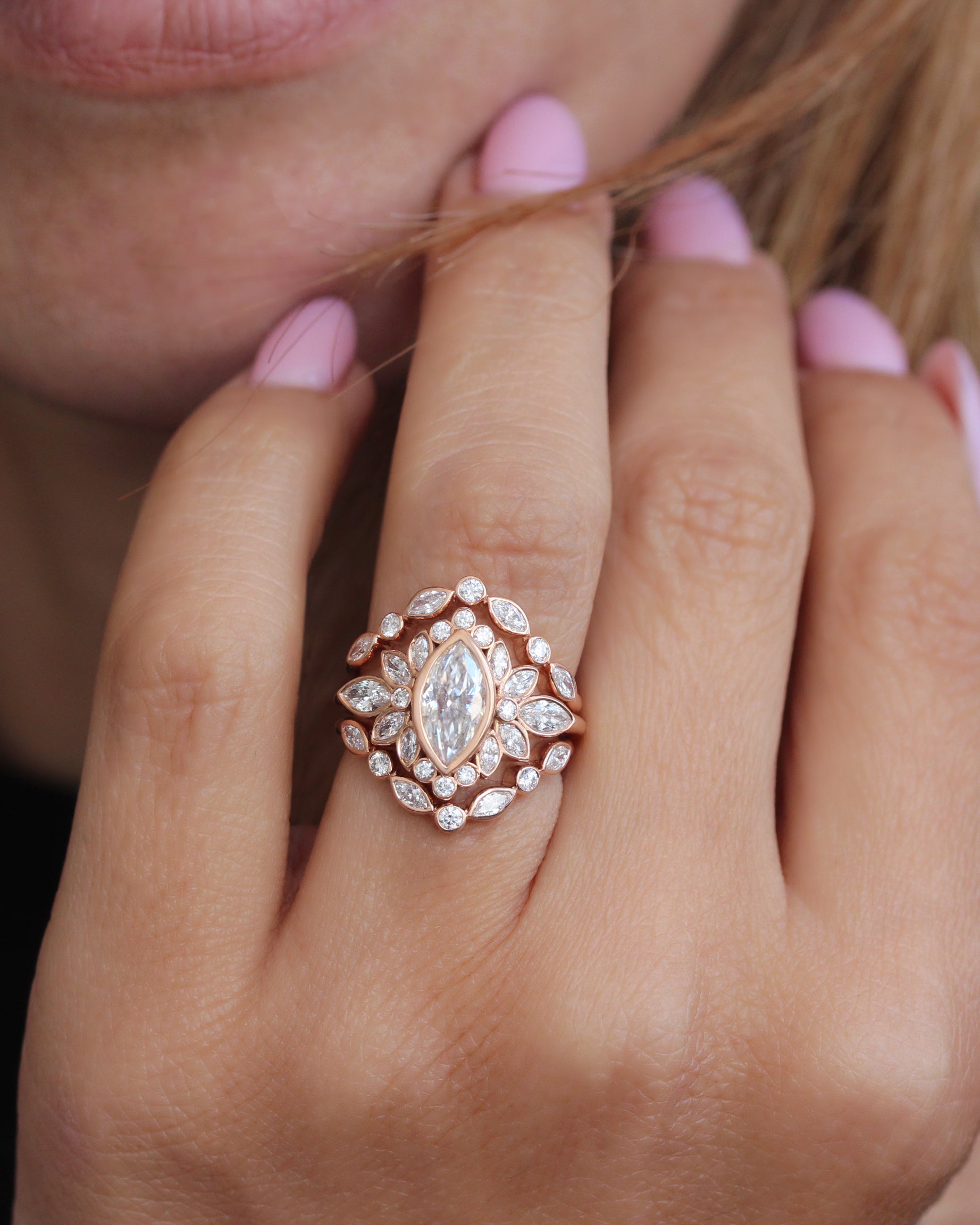 Marquise Bezel Set Engagement Ring Alicent with Matching Two Lily Emma Nesting Ring Rose Gold