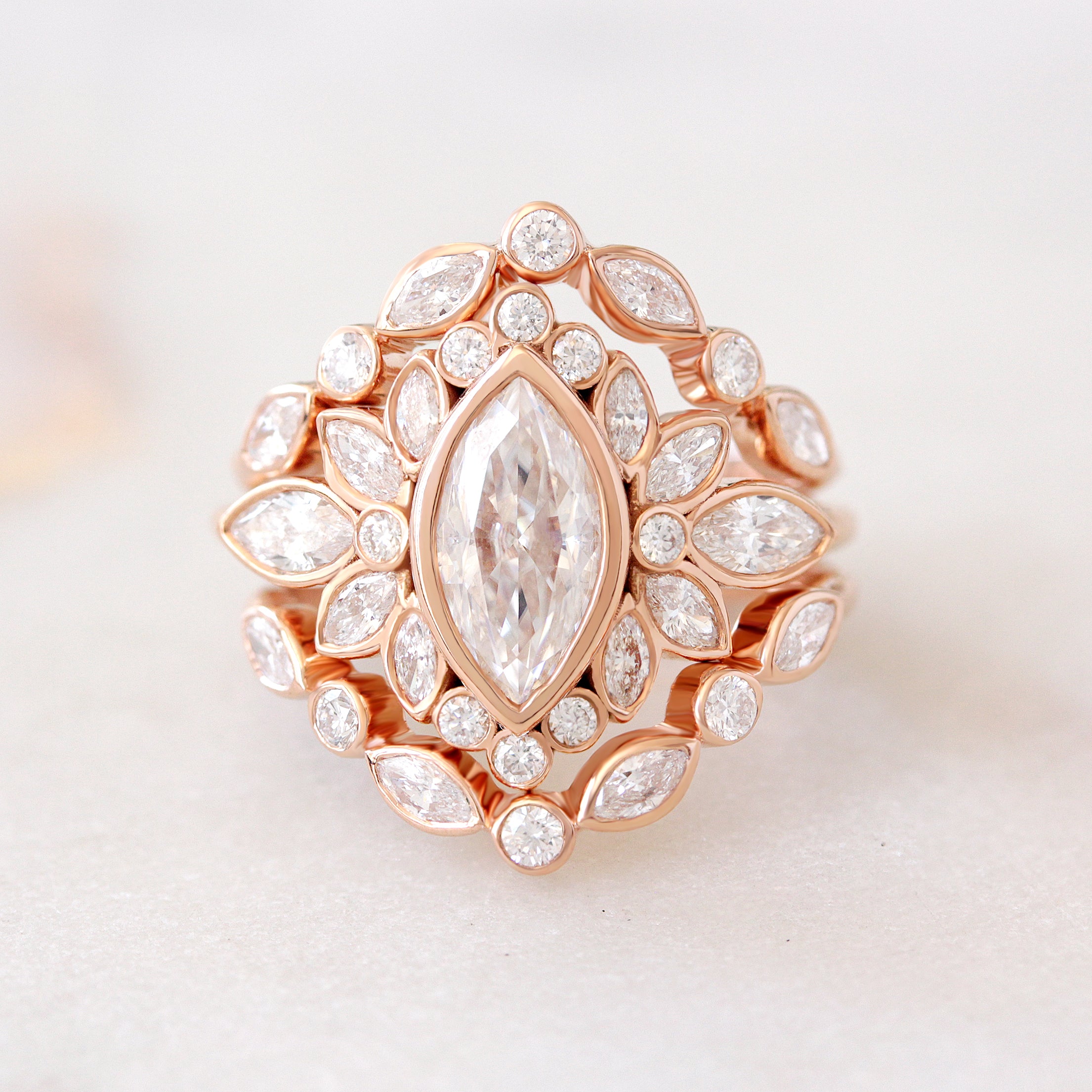 Marquise Bezel Set Engagement Ring Alicent with Matching Two Lily Emma Nesting Ring Rose Gold