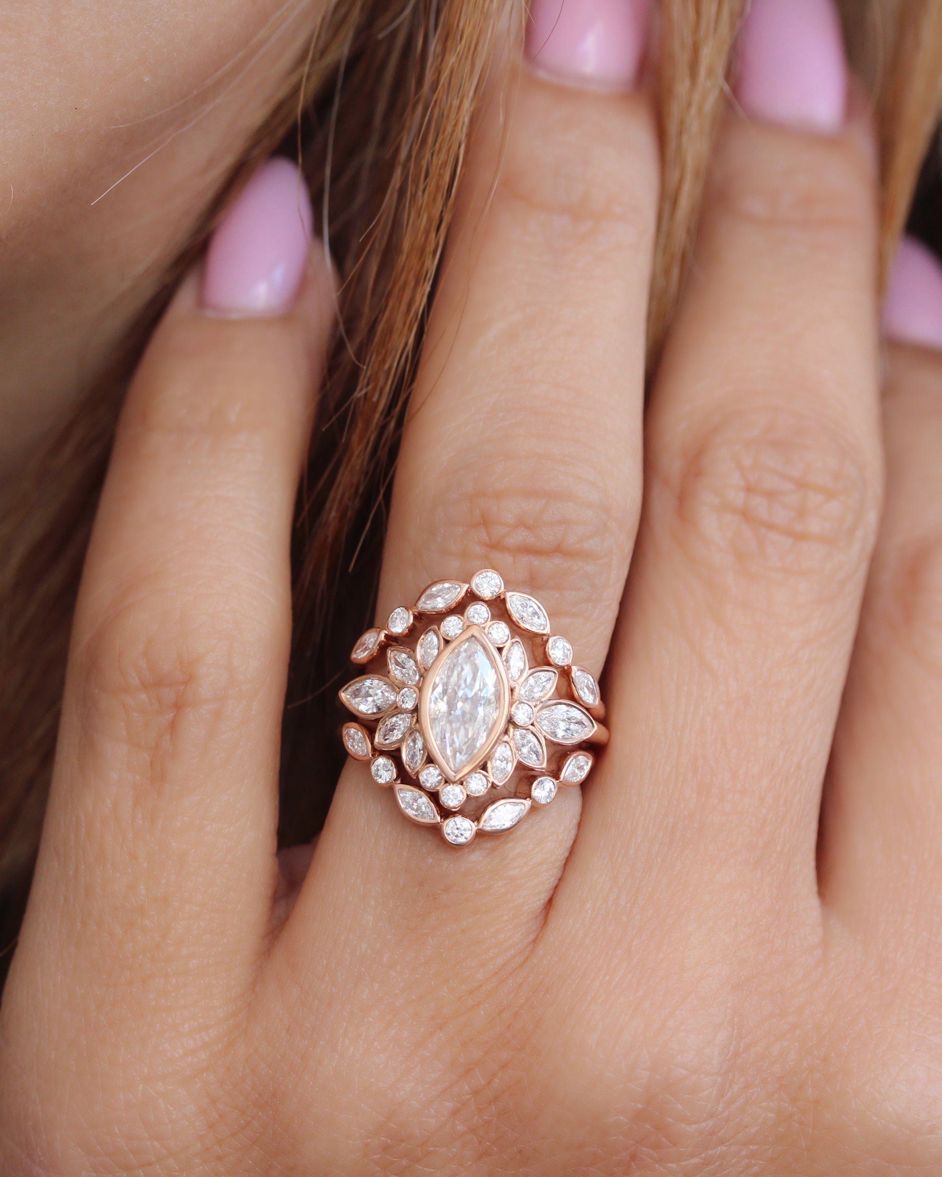 Marquise Bezel Set Engagement Ring Alicent with Matching Two Lily Emma Nesting Ring Rose Gold