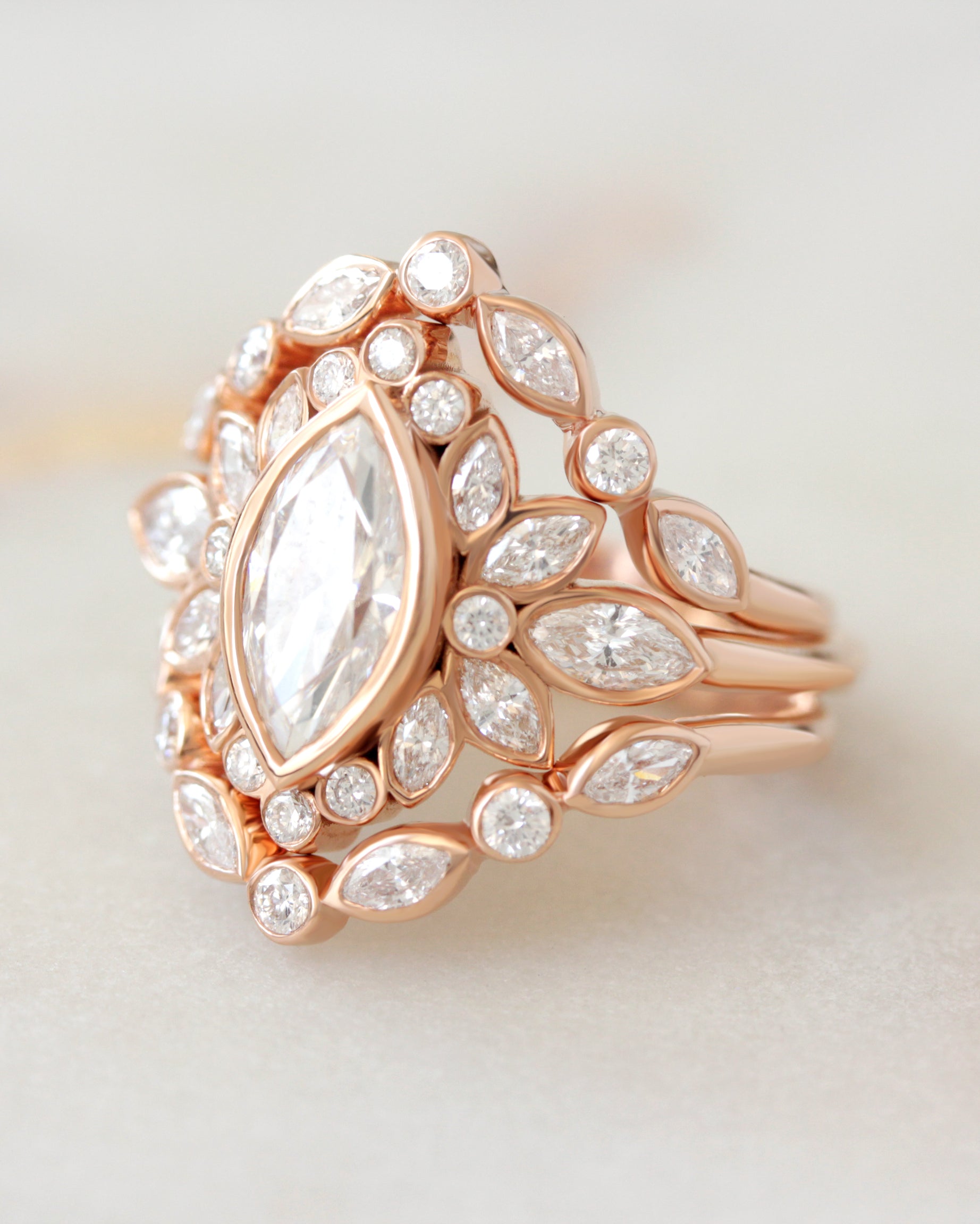 Marquise Bezel Set Engagement Ring Alicent with Matching Two Lily Emma Nesting Ring Rose Gold