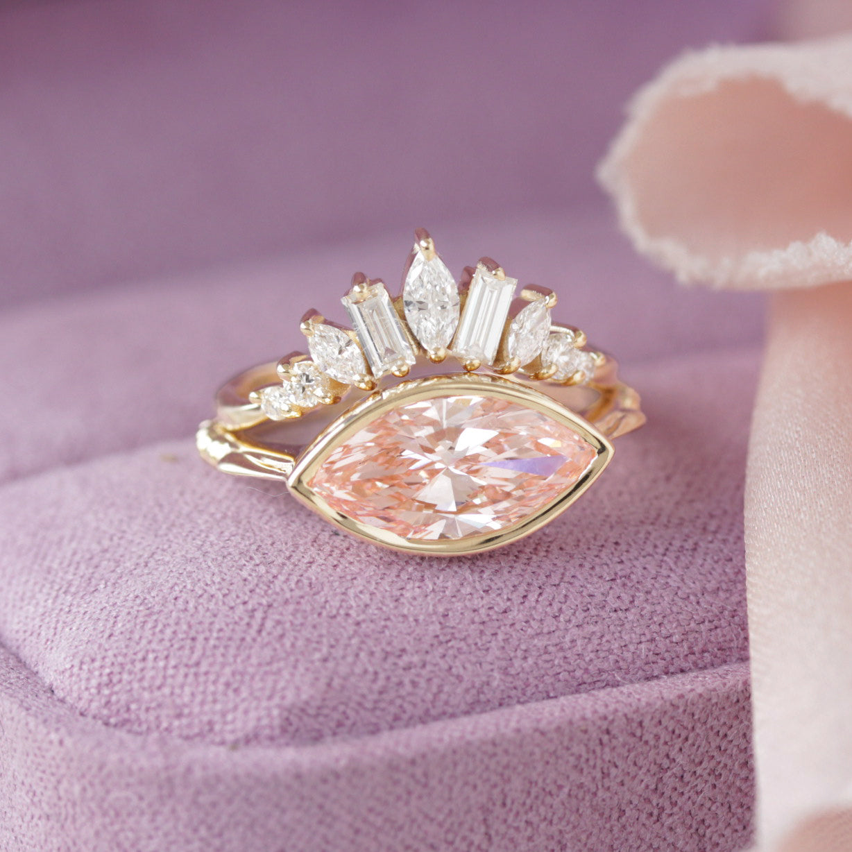 2 Carat Marquise Pink Lab Diamond Bezel Set East West Solitaire Engagement Ring