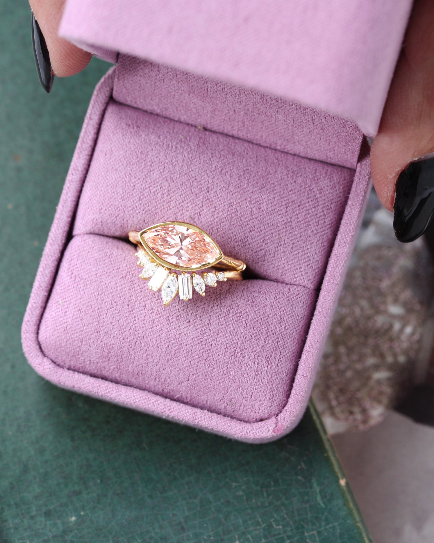 2 Carat Marquise Pink Lab Diamond Bezel Set East West Solitaire Engagement Ring