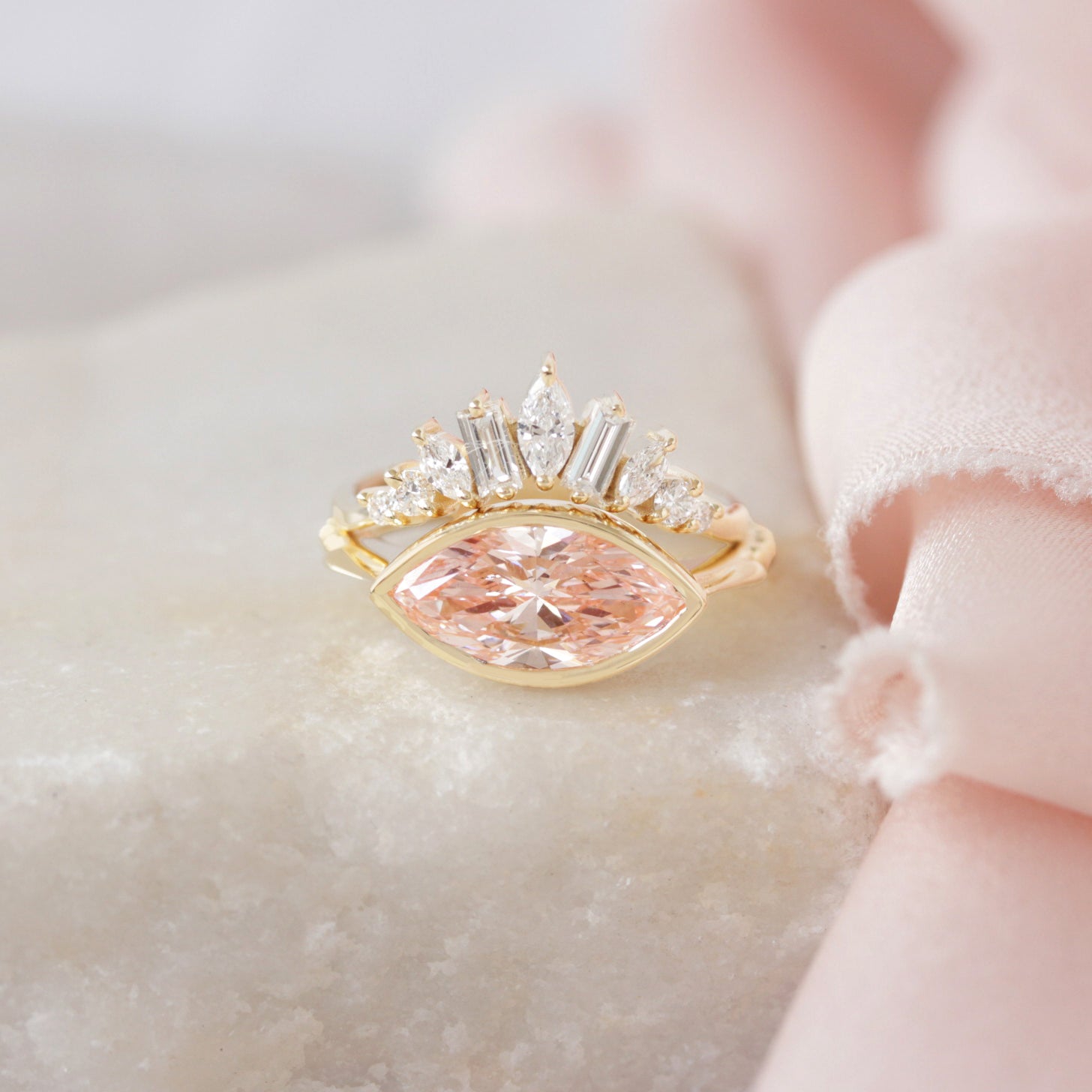 2 Carat Marquise Pink Lab Diamond Bezel Set East West Solitaire Engagement Ring