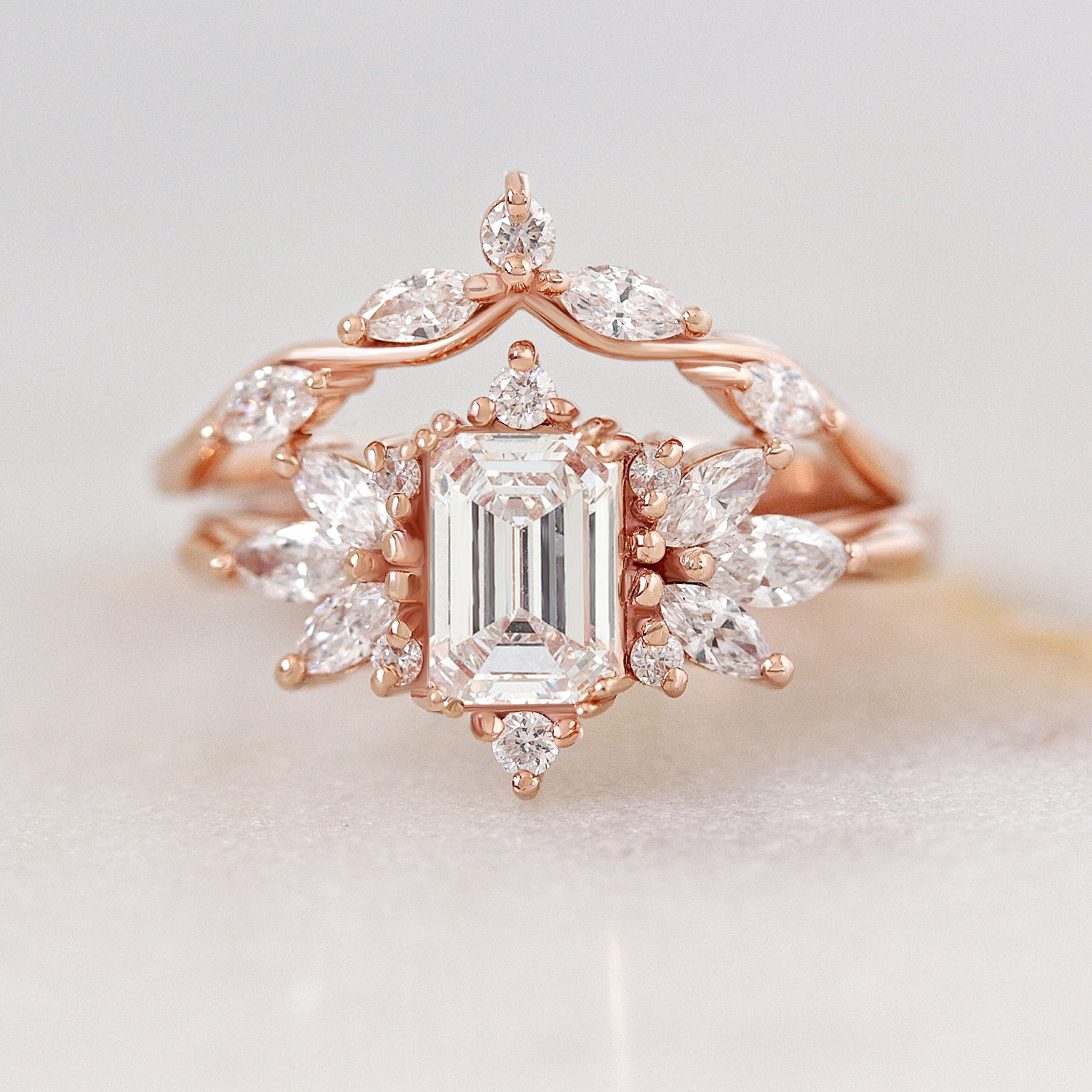 Emerald Cut Diamond Unique Engagement Ring with Marquise diamond Matching Wedding Ring Set Spark & Wavy