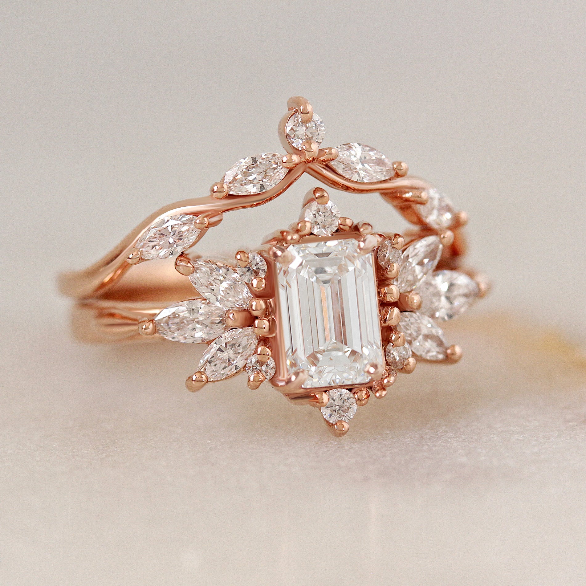 Emerald Cut Diamond Unique Engagement Ring with Marquise Diamond Matching Wedding Ring Set Spark & Wavy