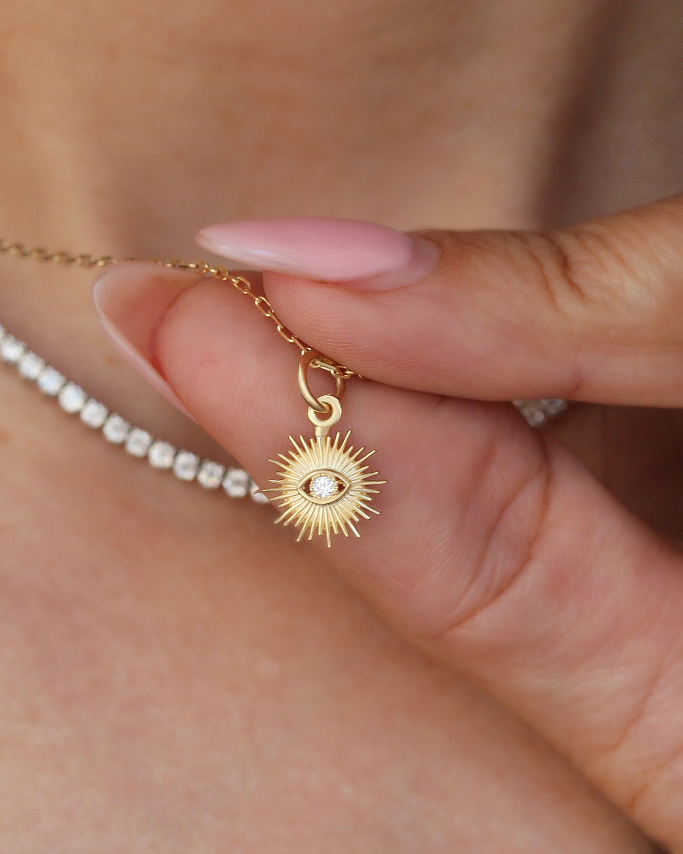 Mini Diamond Celestial Charm Necklace | 14K Gold Evil Eye Sun Star Pendant | Dainty Protection Amulet, evil eye sun charm, gold diamond evil eye pendant, celestial eye charm, sunburst charm gold, protective amulet charm, dainty spiritual pendant, tiny gold evil eye, mini charm for necklace, 14k gold celestial charm, cosmic jewelry, radiant gold charm, mystic eye pendant, fine jewelry charm, spiritual protection charm