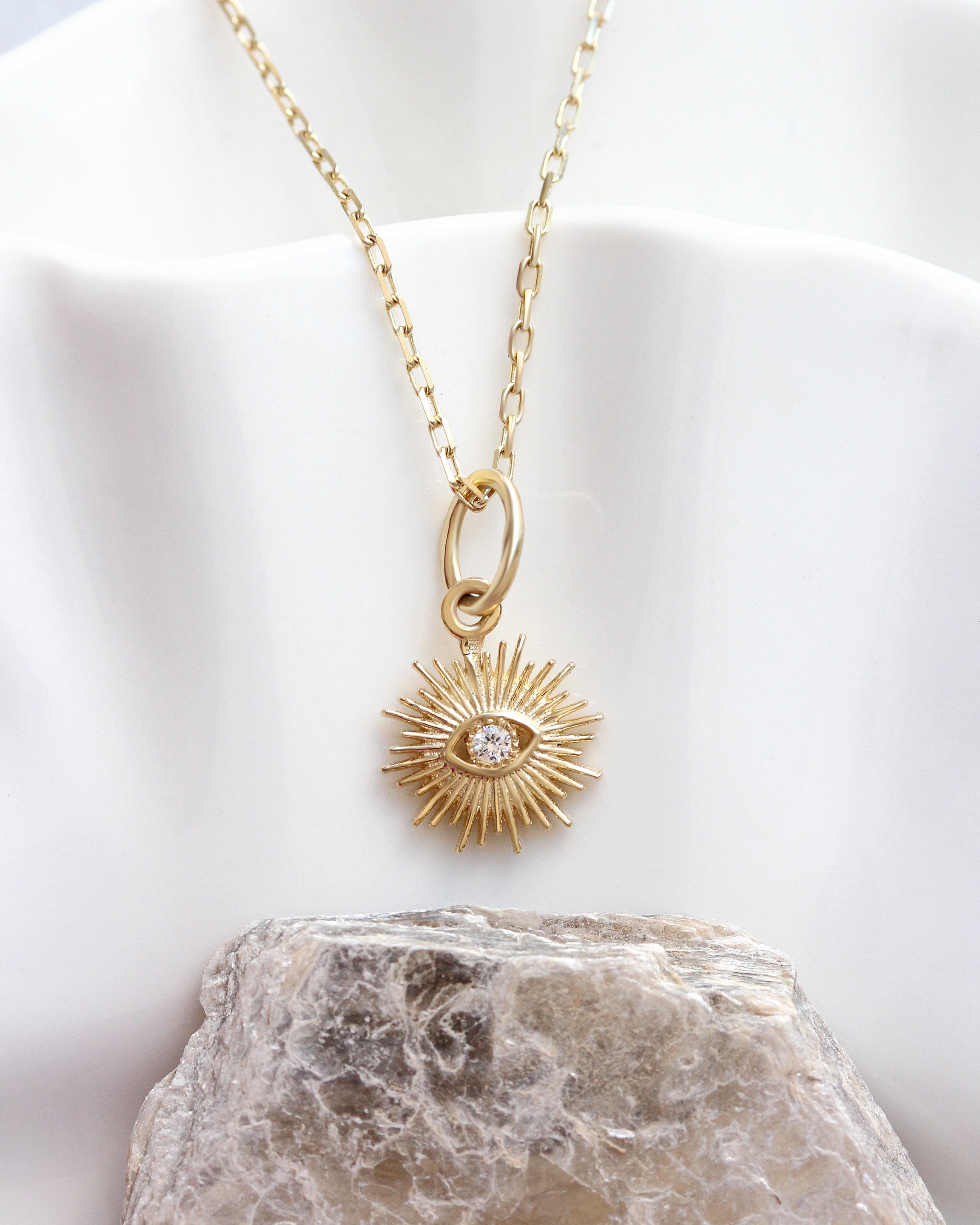 Mini Diamond Celestial Charm Necklace | 14K Gold Evil Eye Sun Star Pendant | Dainty Protection Amulet, evil eye sun charm, gold diamond evil eye pendant, celestial eye charm, sunburst charm gold, protective amulet charm, dainty spiritual pendant, tiny gold evil eye, mini charm for necklace, 14k gold celestial charm, cosmic jewelry, radiant gold charm, mystic eye pendant, fine jewelry charm, spiritual protection charm