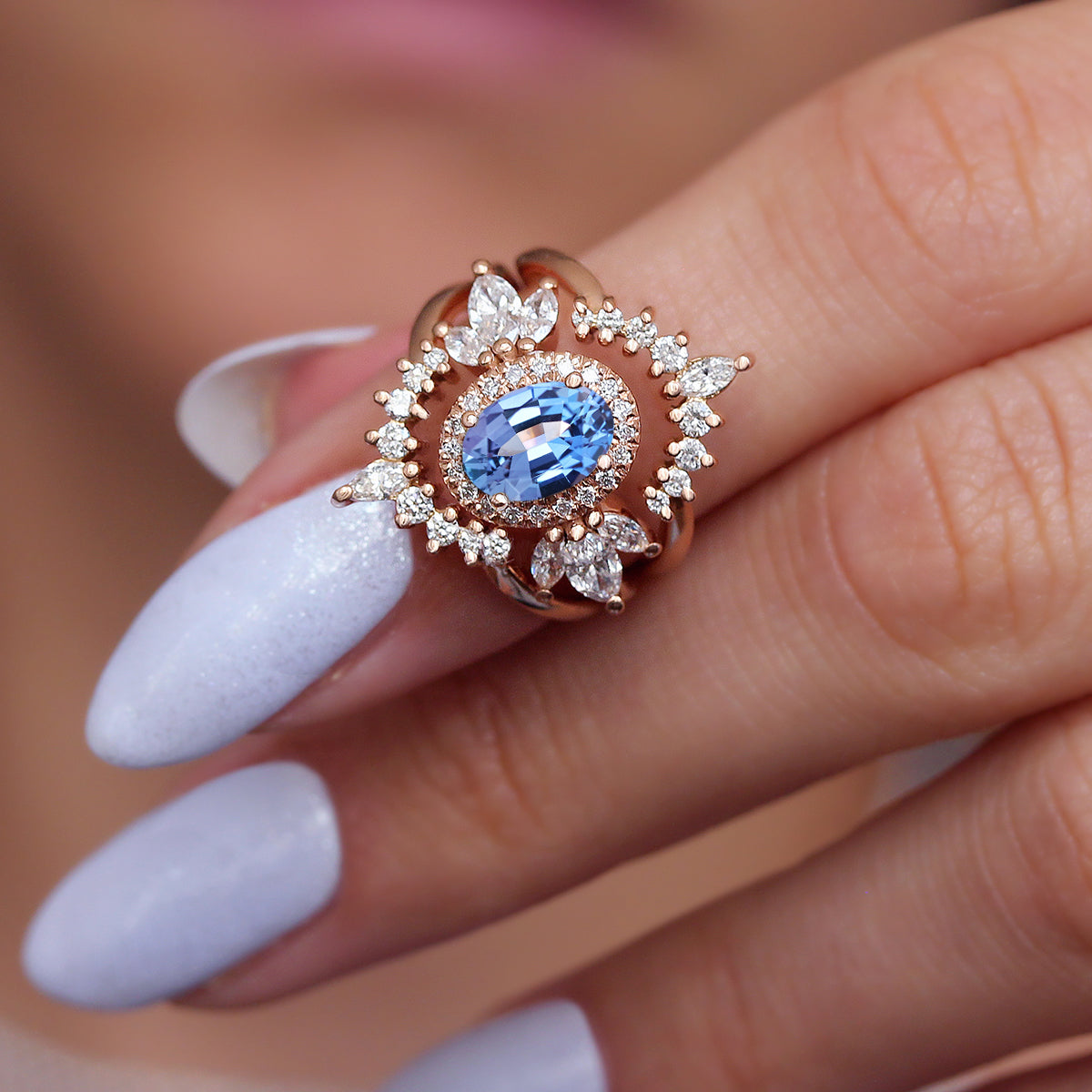 Oval Tanzanite and Diamond Engagement Ring with Two Matching Crown Nesting Rings Three Rings Set - Athena Crown ♥
