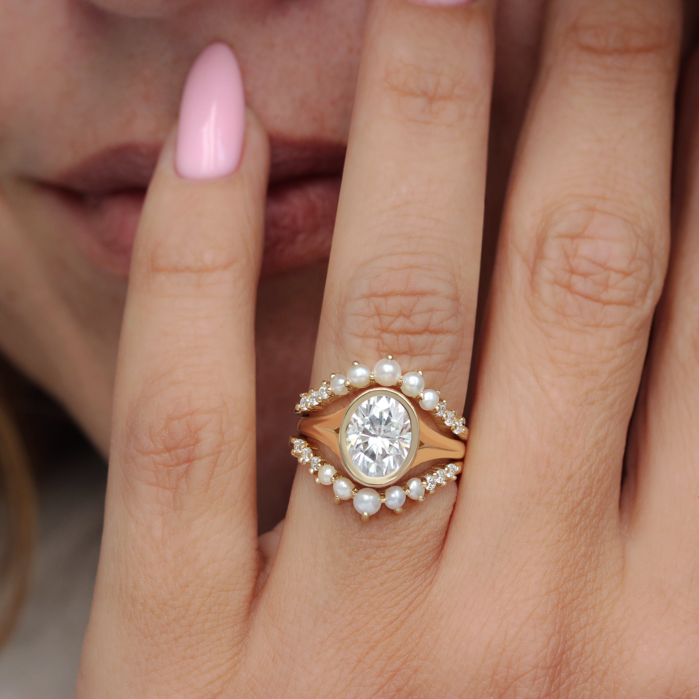 Oval Diamond Bezel Set, Modern Bold Gold, Hidden Halo Split Shank Engagement Ring with Matching Pearls and Diamonds Ring Guard