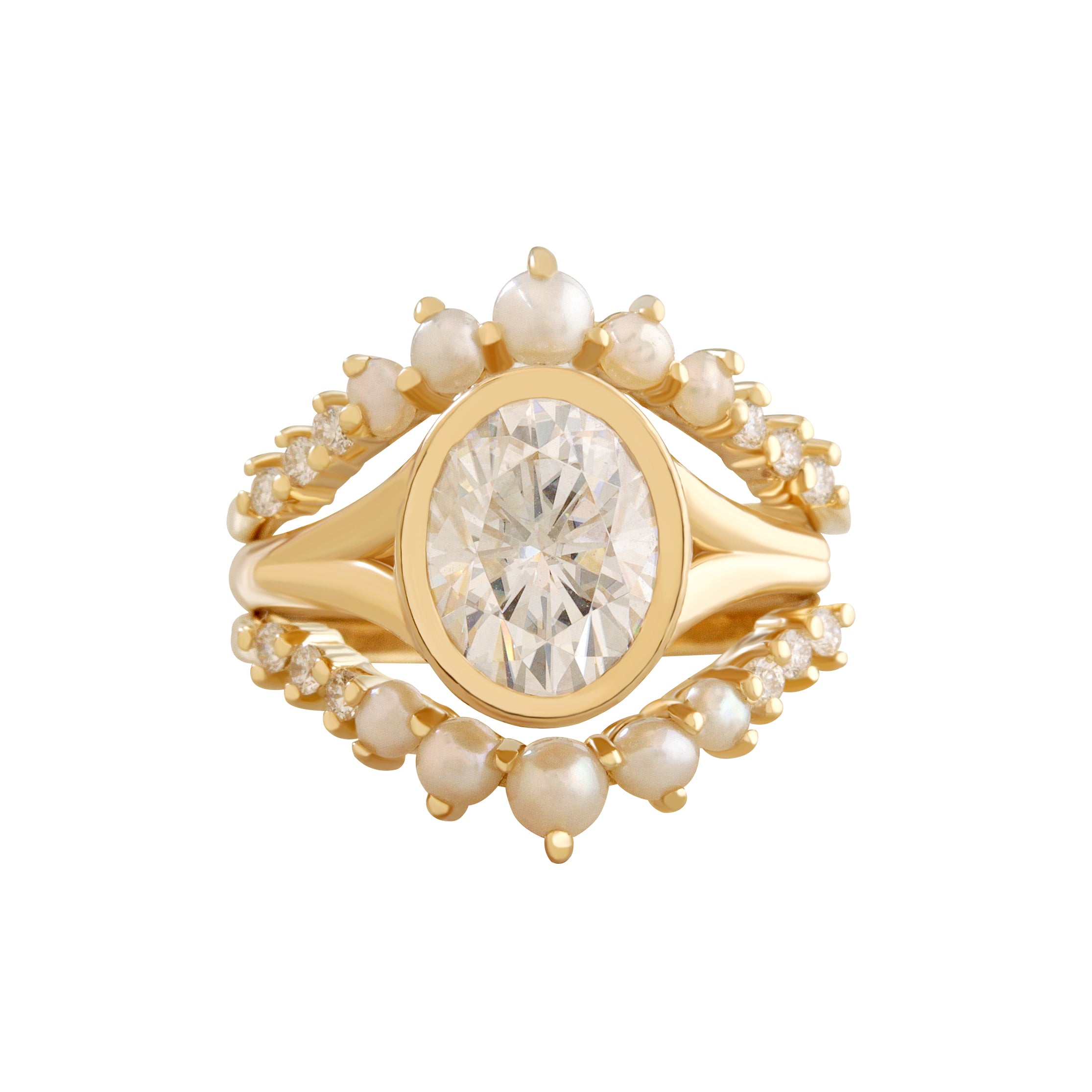 Oval Diamond Bezel Set, Modern Bold Gold, Hidden Halo Split Shank Engagement Ring with Matching Pearls and Diamonds Ring Guard