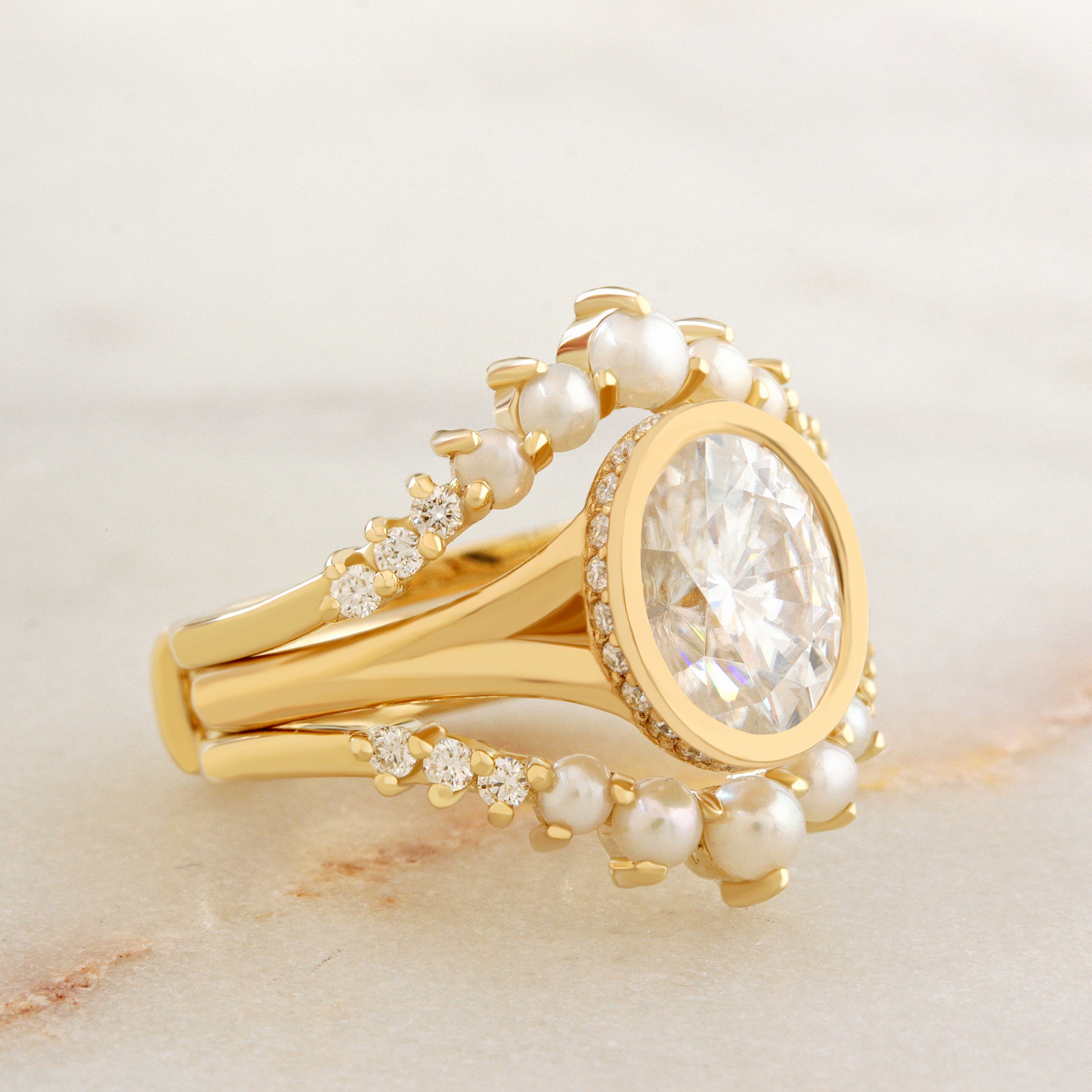 Oval Diamond Bezel Set, Modern Bold Gold, Hidden Halo Split Shank Engagement Ring with Matching Pearls and Diamonds Ring Guard