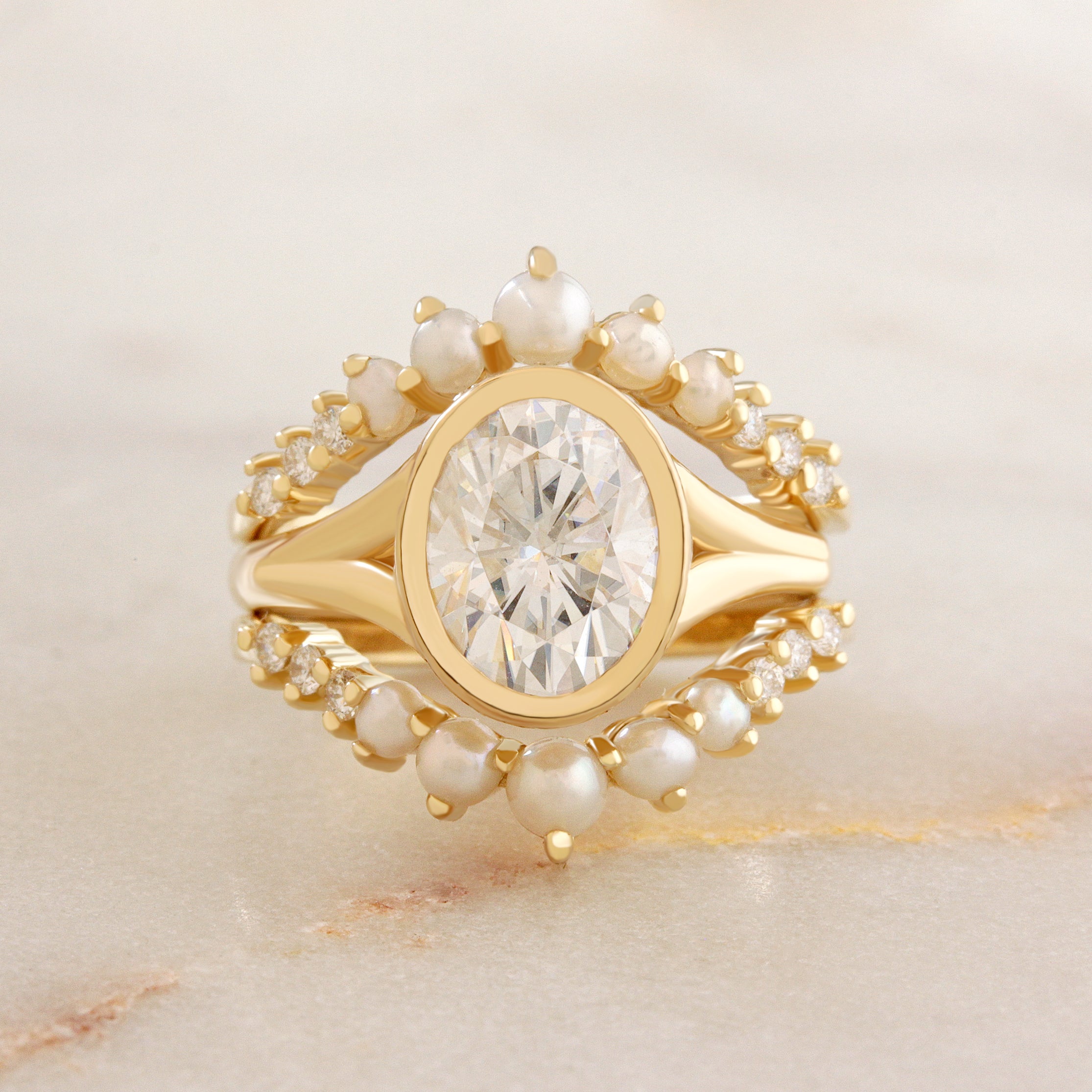 Oval Diamond Bezel Set, Modern Bold Gold, Hidden Halo Split Shank Engagement Ring with Matching Pearls and Diamonds Ring Guard