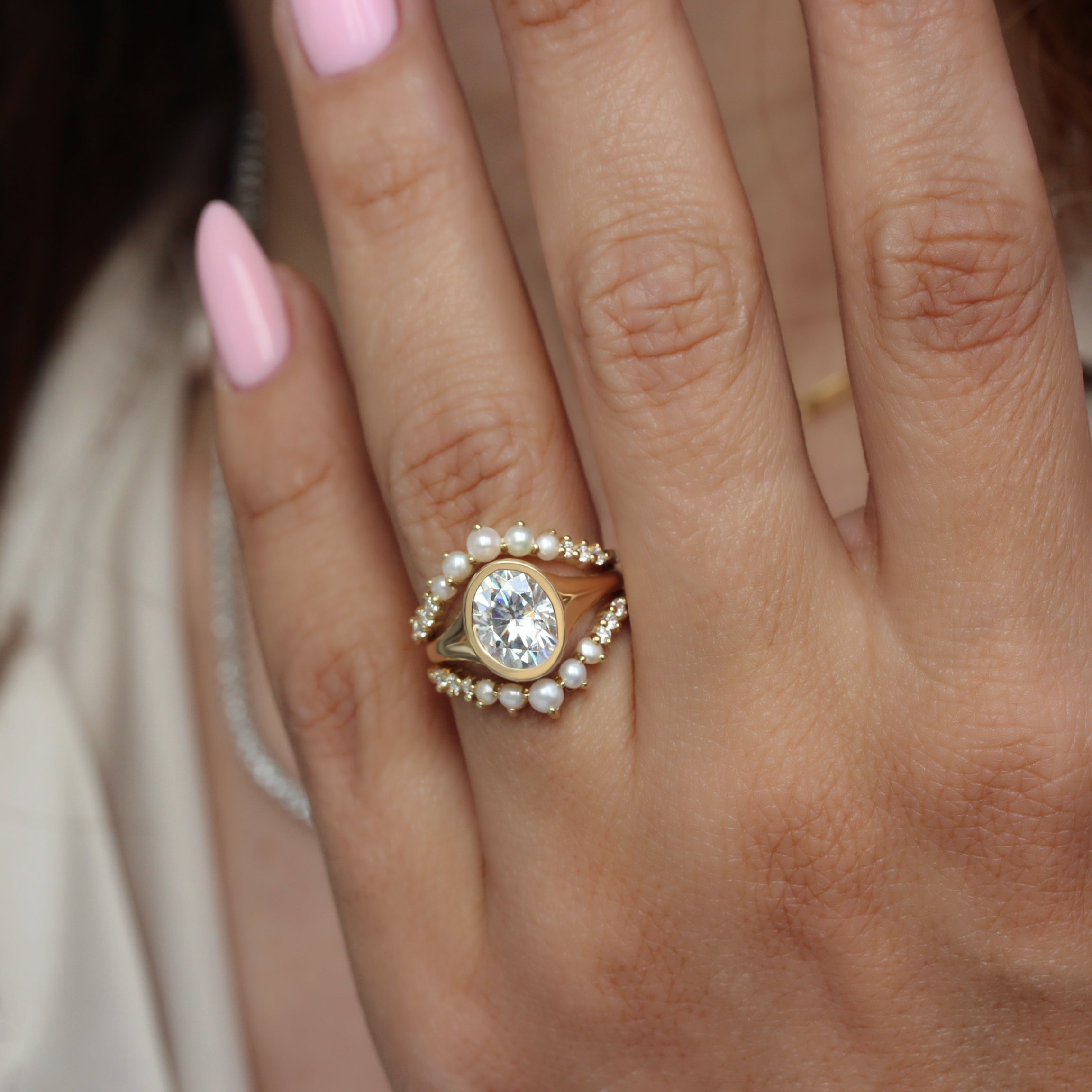 Oval Diamond Bezel Set, Modern Bold Gold, Hidden Halo Split Shank Engagement Ring with Matching Pearls and Diamonds Ring Guard