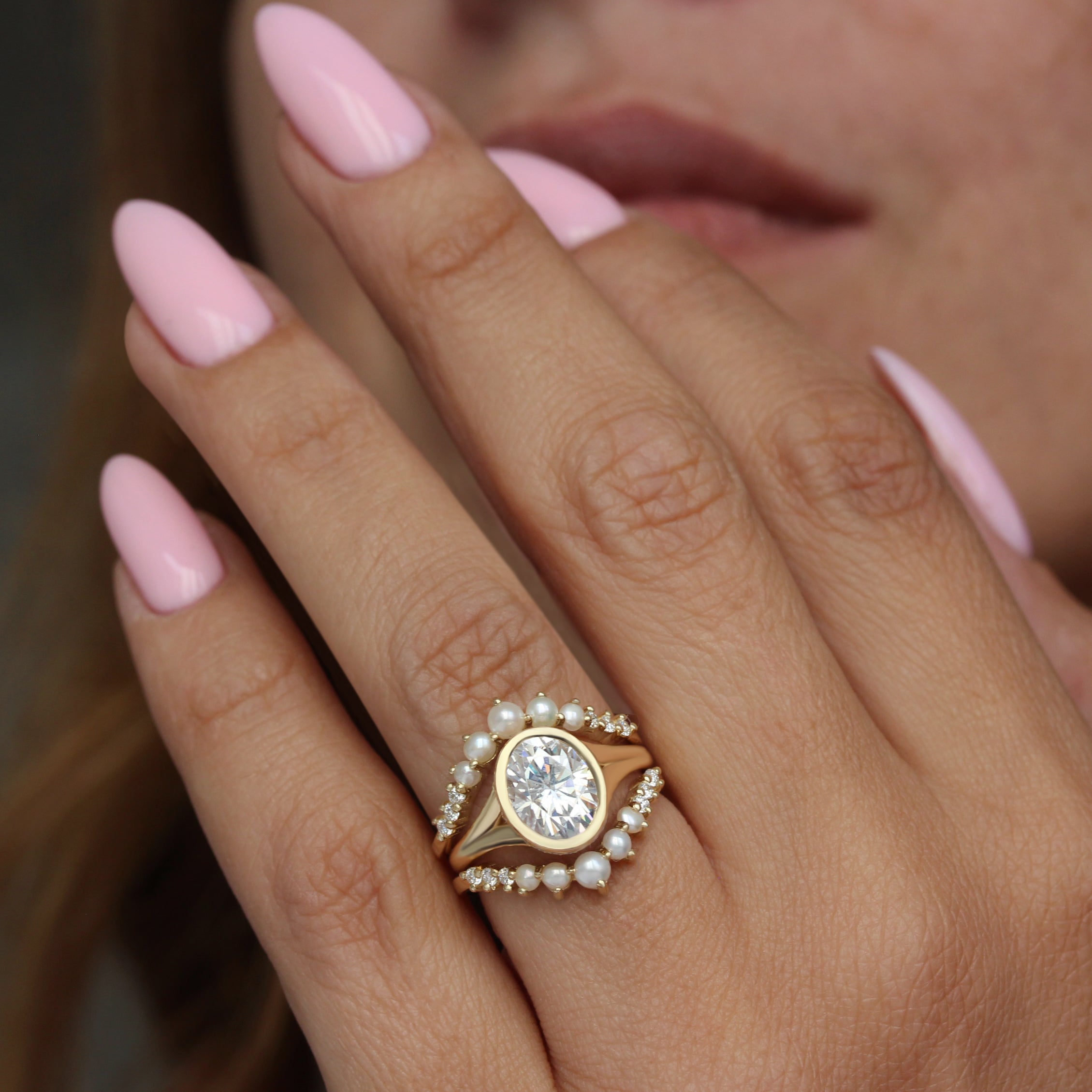 Oval Diamond Bezel Set, Modern Bold Gold, Hidden Halo Split Shank Engagement Ring with Matching Pearls and Diamonds Ring Guard