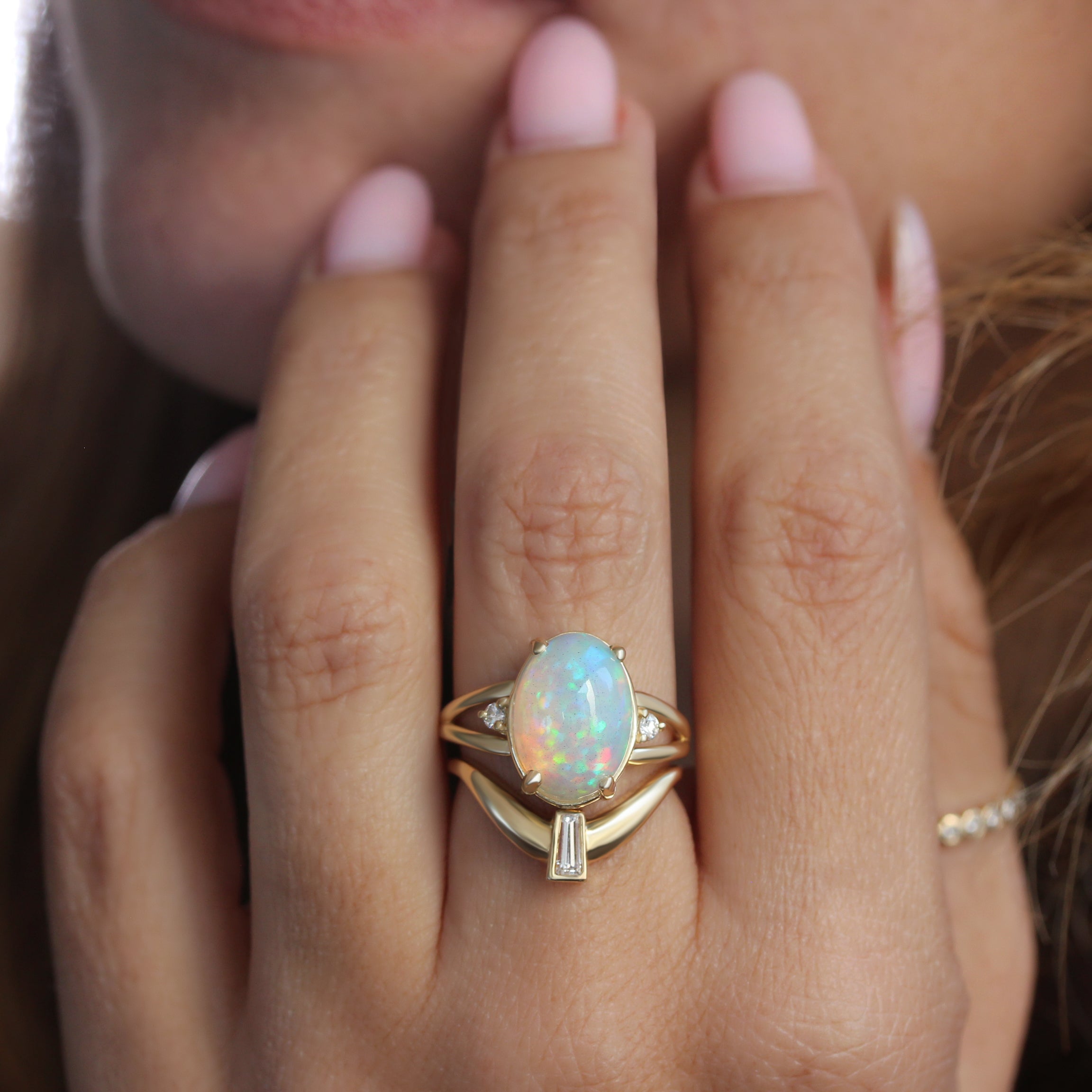 Oval Opal Cocktail Diamond Ring Yellow Gold October Birth, stoneindex finger ring, october birthstone, statement diamond ring, opal diamond ring, gemstone diamond ring