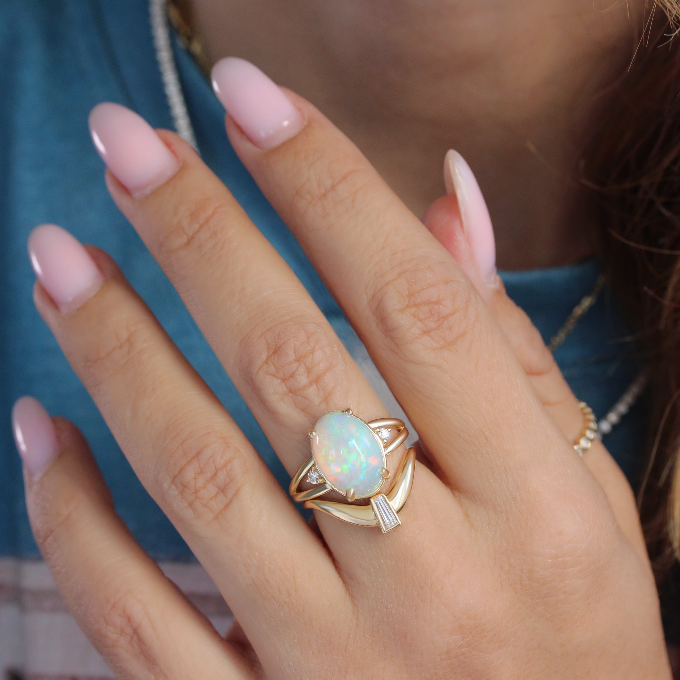 Oval Opal Cocktail Diamond Ring Yellow Gold October Birth, stoneindex finger ring, october birthstone, statement diamond ring, opal diamond ring, gemstone diamond ring