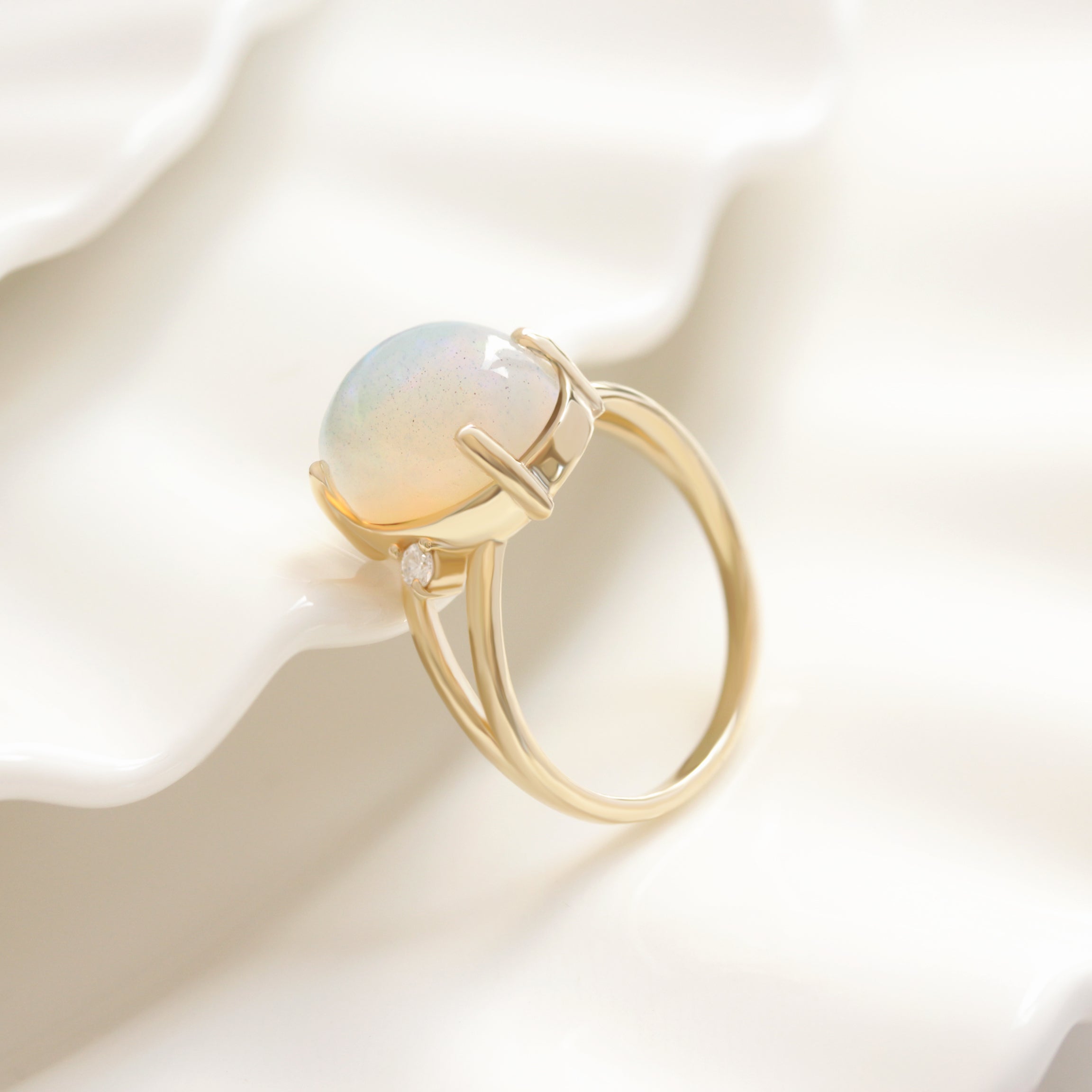 Oval Opal Cocktail Diamond Ring Yellow Gold October Birthstone, index finger ring, october birthstone, statement diamond ring, oapl diamond ring, gemstone diamond ring
